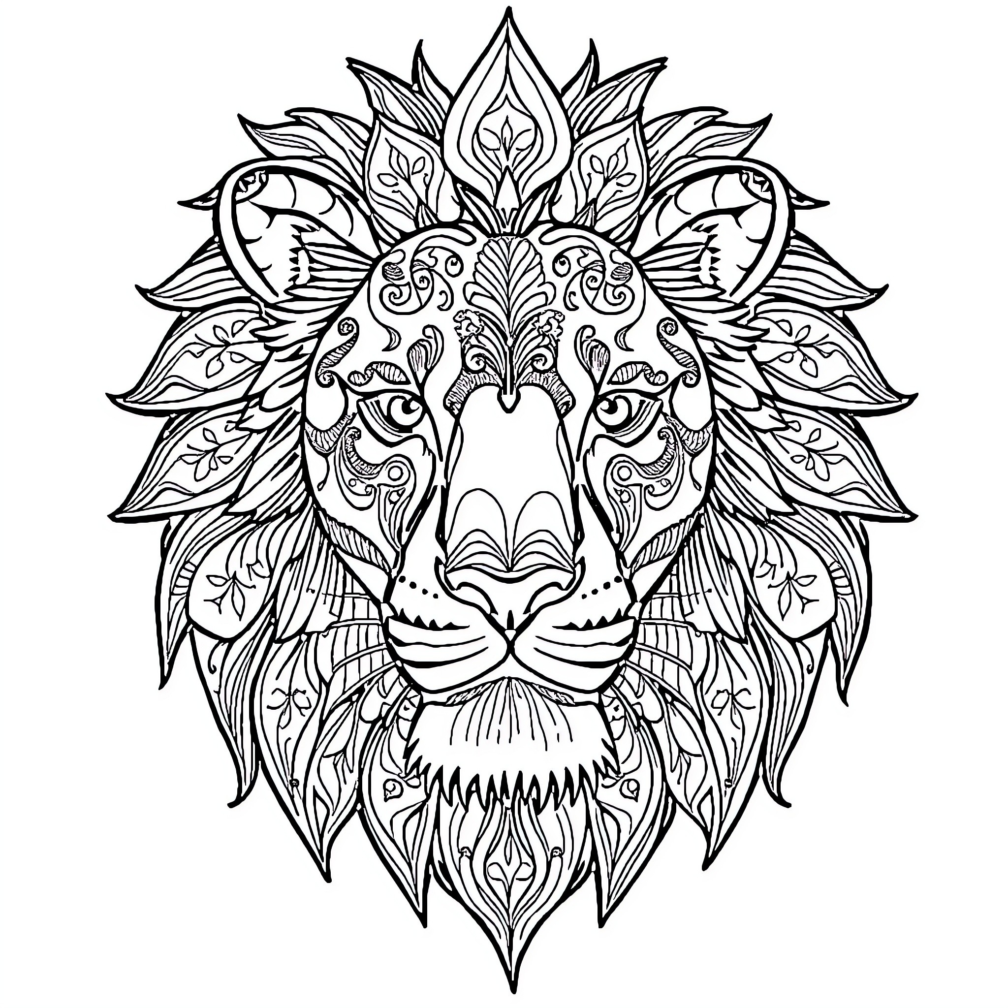Lion with Intricate Floral Pattern Coloring Page (free black-and-white line drawing printable PDF for all, from beginners to advanced learners, including children, teens, adults, and seniors)