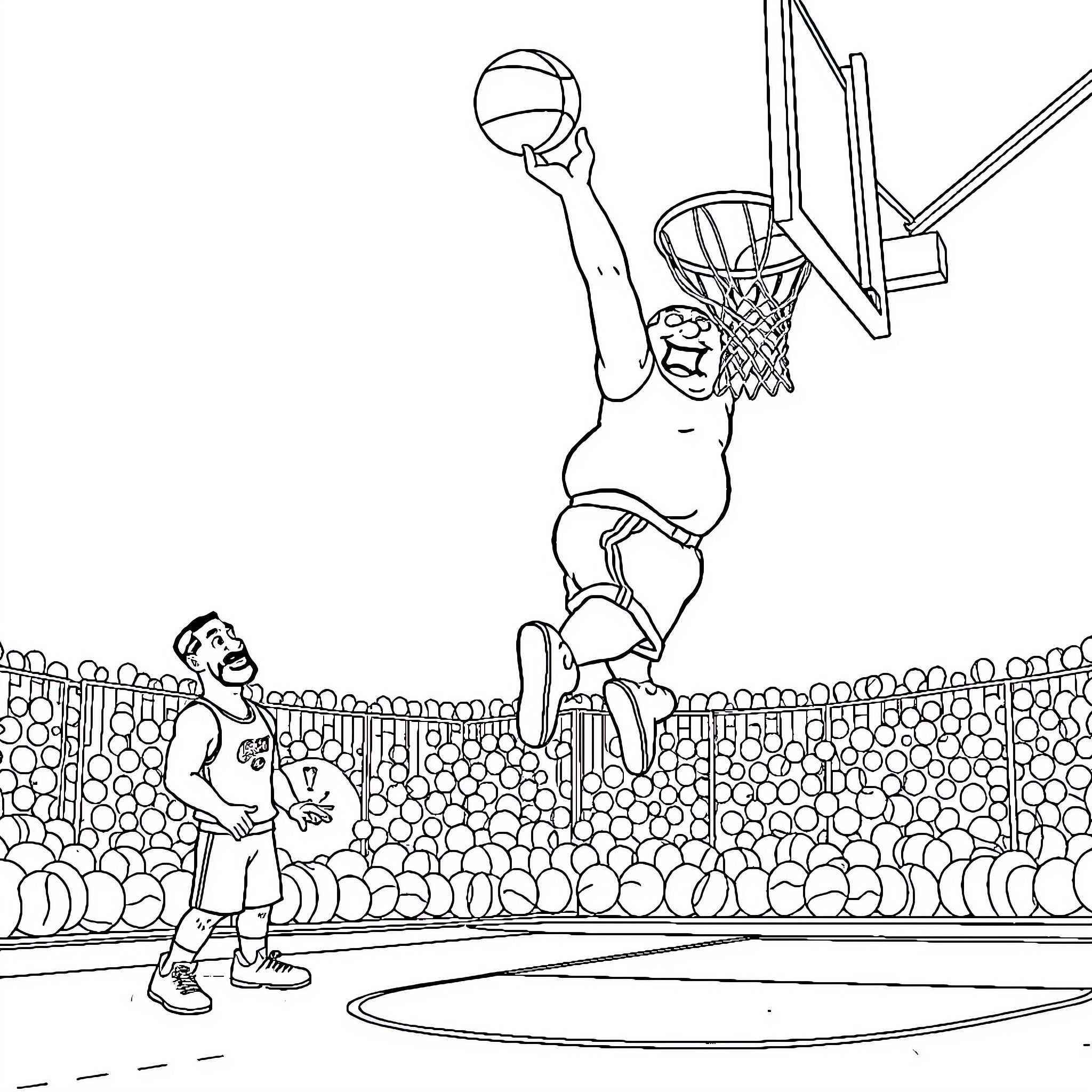 Peter Griffin dunking a basketball with a crowd Coloring Page (free black-and-white line drawing printable PDF for all, from beginners to advanced learners, including children, teens, adults, and seniors)