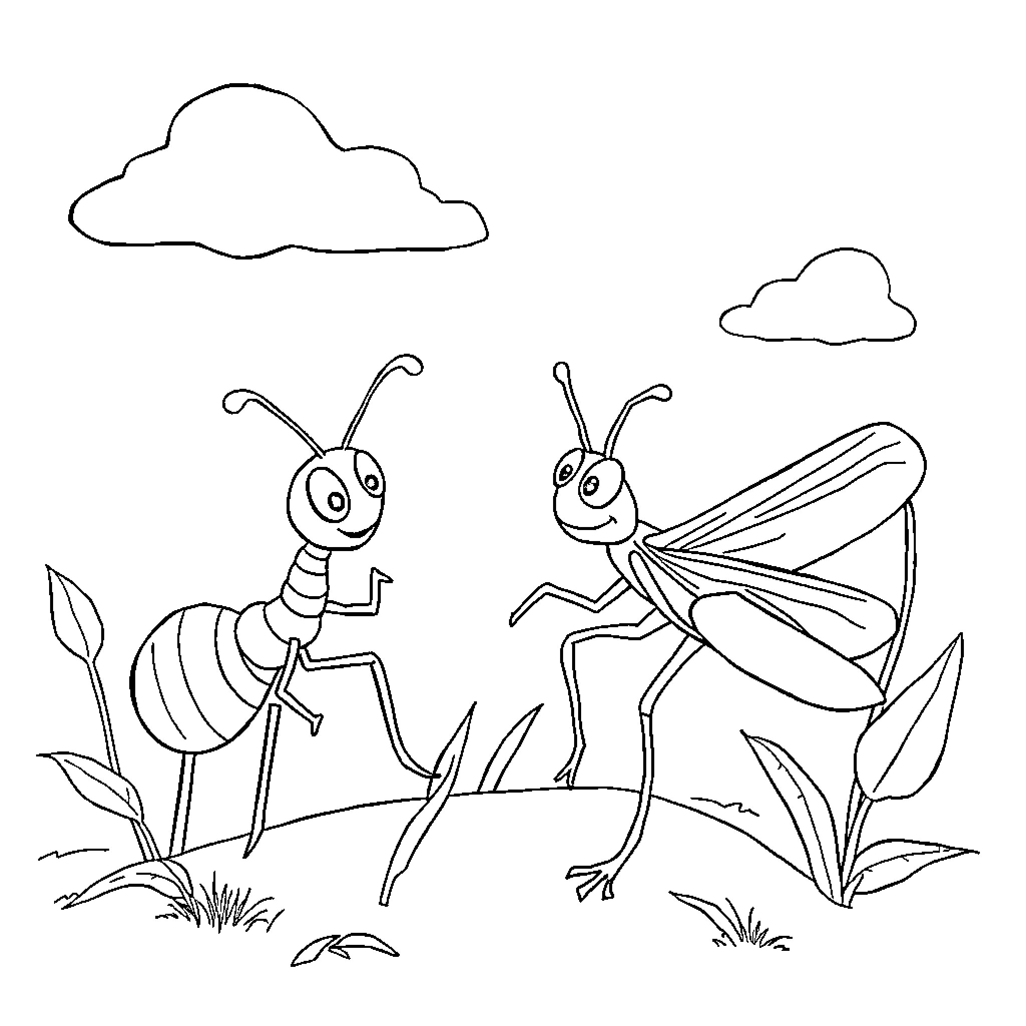Ants exploring their leafy habitat Coloring Page (free black-and-white line drawing printable PDF for all, from beginners to advanced learners, including children, teens, adults, and seniors)