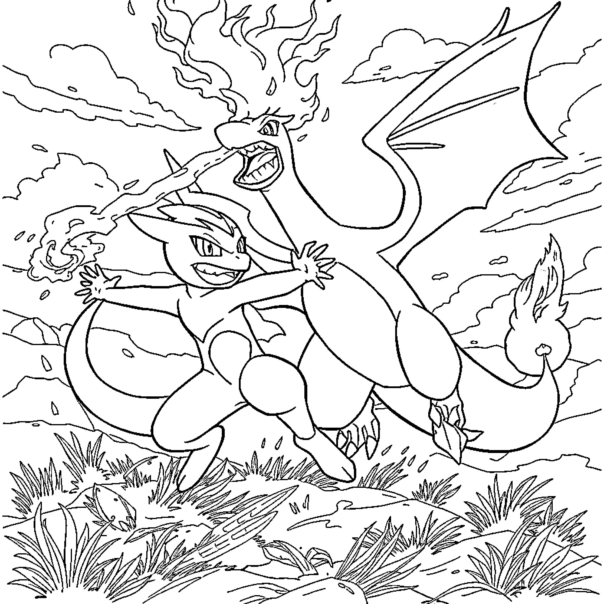 Greninja Unleashing Powerful Water Attacks in Stormy Landscape Coloring Page (free black-and-white line drawing printable PDF for all, from beginners to advanced learners, including children, teens, adults, and seniors)