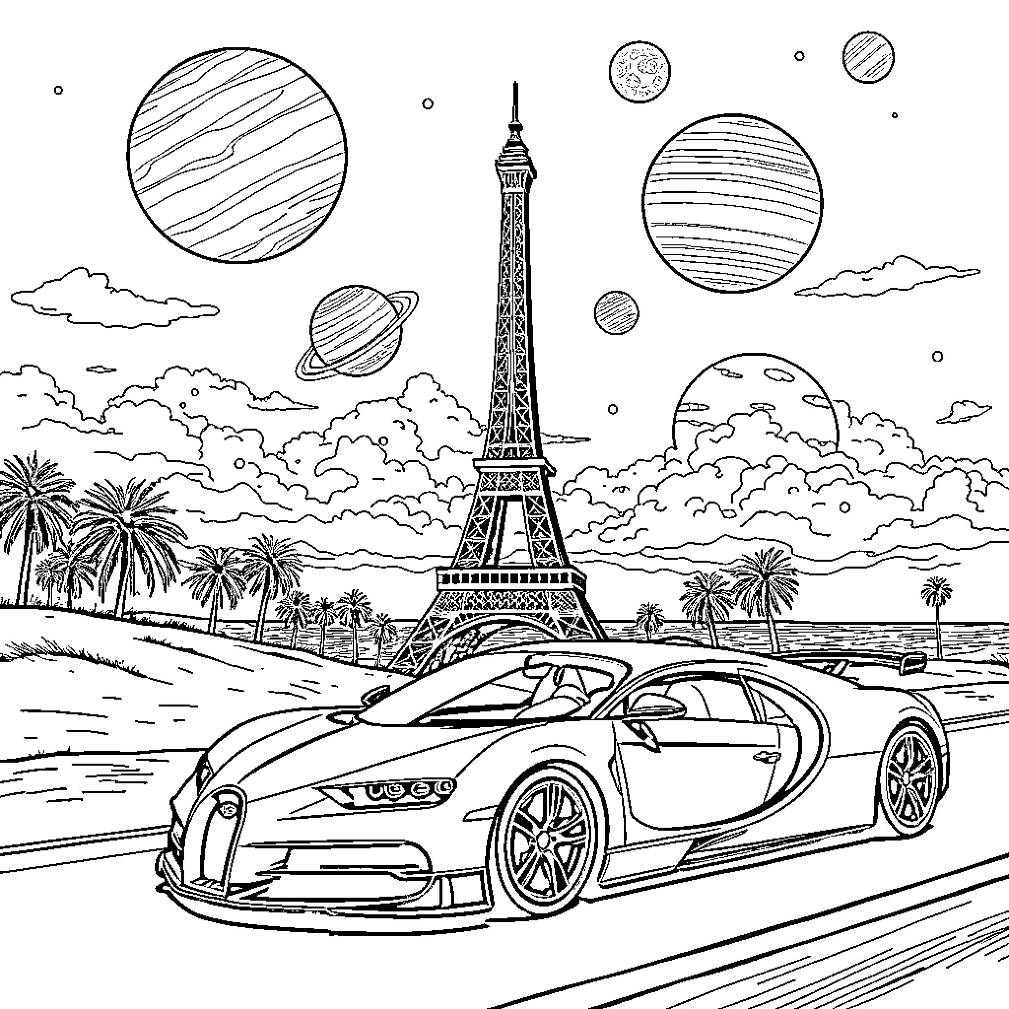 Eiffel Tower and futuristic car in space-themed landscape Coloring Page (free black-and-white line drawing printable PDF for all, from beginners to advanced learners, including children, teens, adults, and seniors)