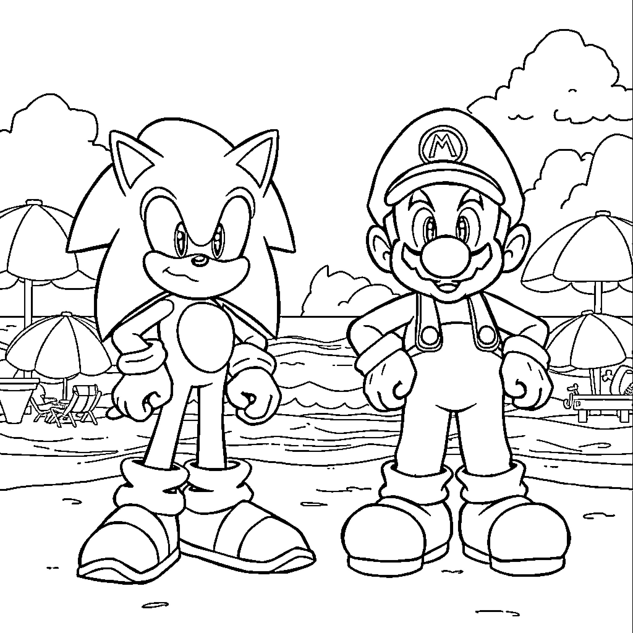 Sonic and Mario exploring the park together Coloring Page (free black-and-white line drawing printable PDF for all, from beginners to advanced learners, including children, teens, adults, and seniors)