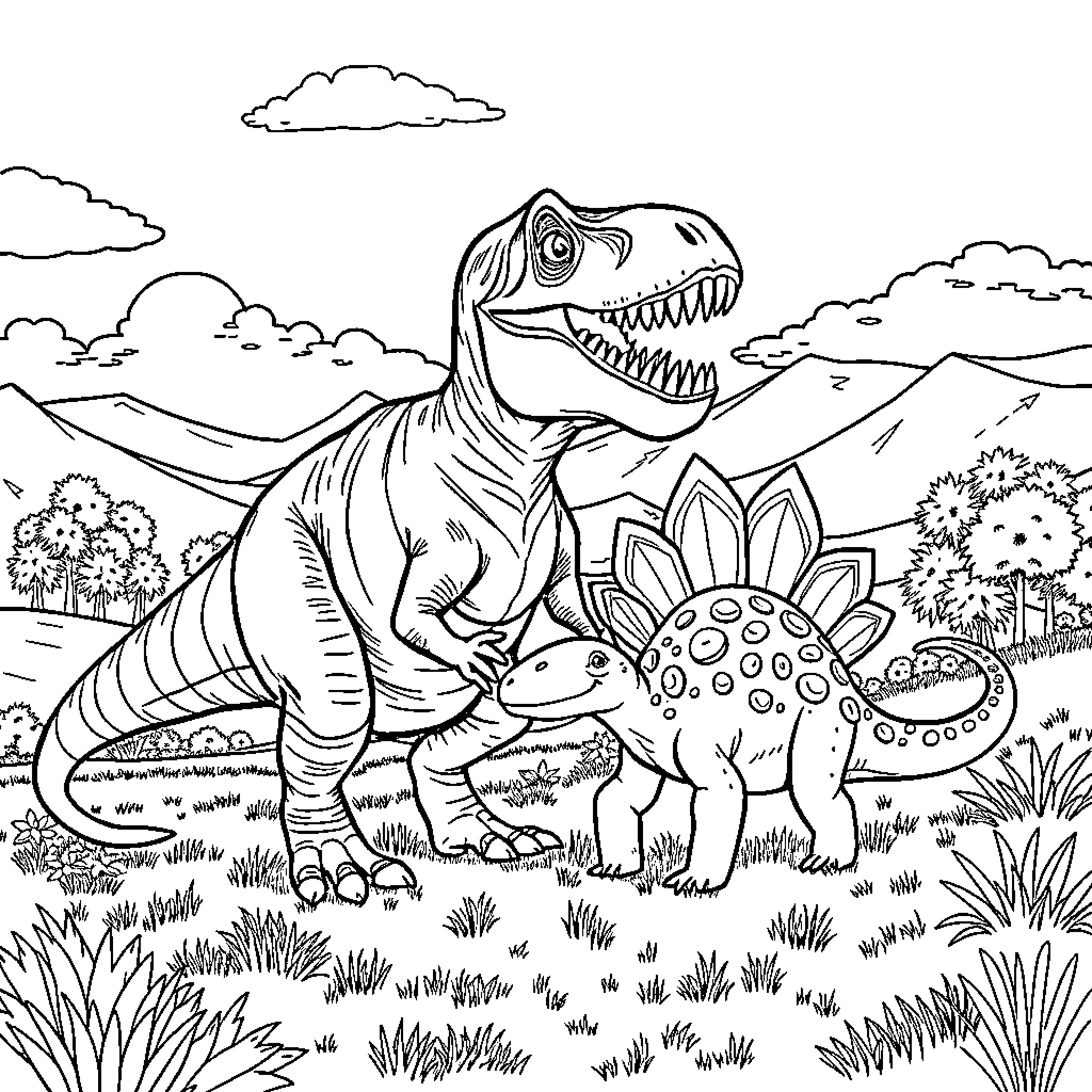 Dinosaur roaming the prehistoric landscape Coloring Page (free black-and-white line drawing printable PDF for all, from beginners to advanced learners, including children, teens, adults, and seniors)