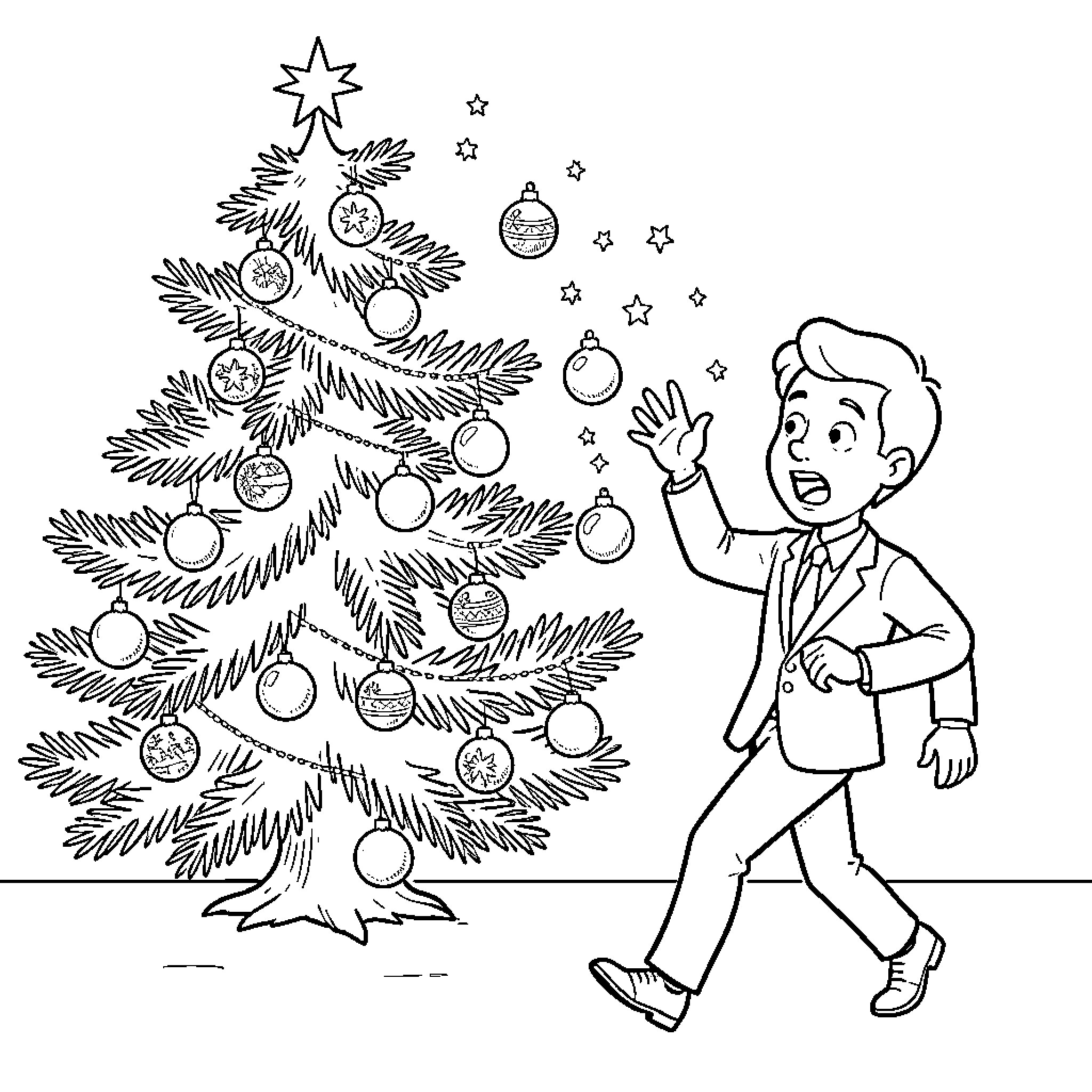 Christmas Tree with a boy watching ornaments float Coloring Page (free black-and-white line drawing printable PDF for all, from beginners to advanced learners, including children, teens, adults, and seniors)
