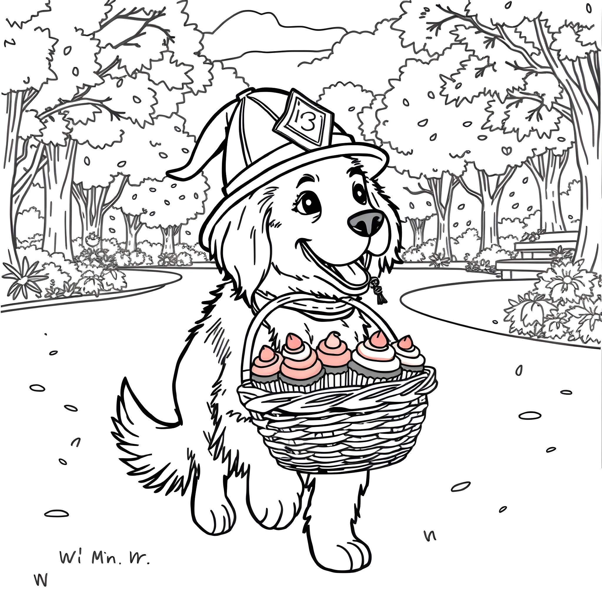 Golden Retriever carrying basket of cupcakes in park Coloring Page (free black-and-white line drawing printable PDF for all, from beginners to advanced learners, including children, teens, adults, and seniors)