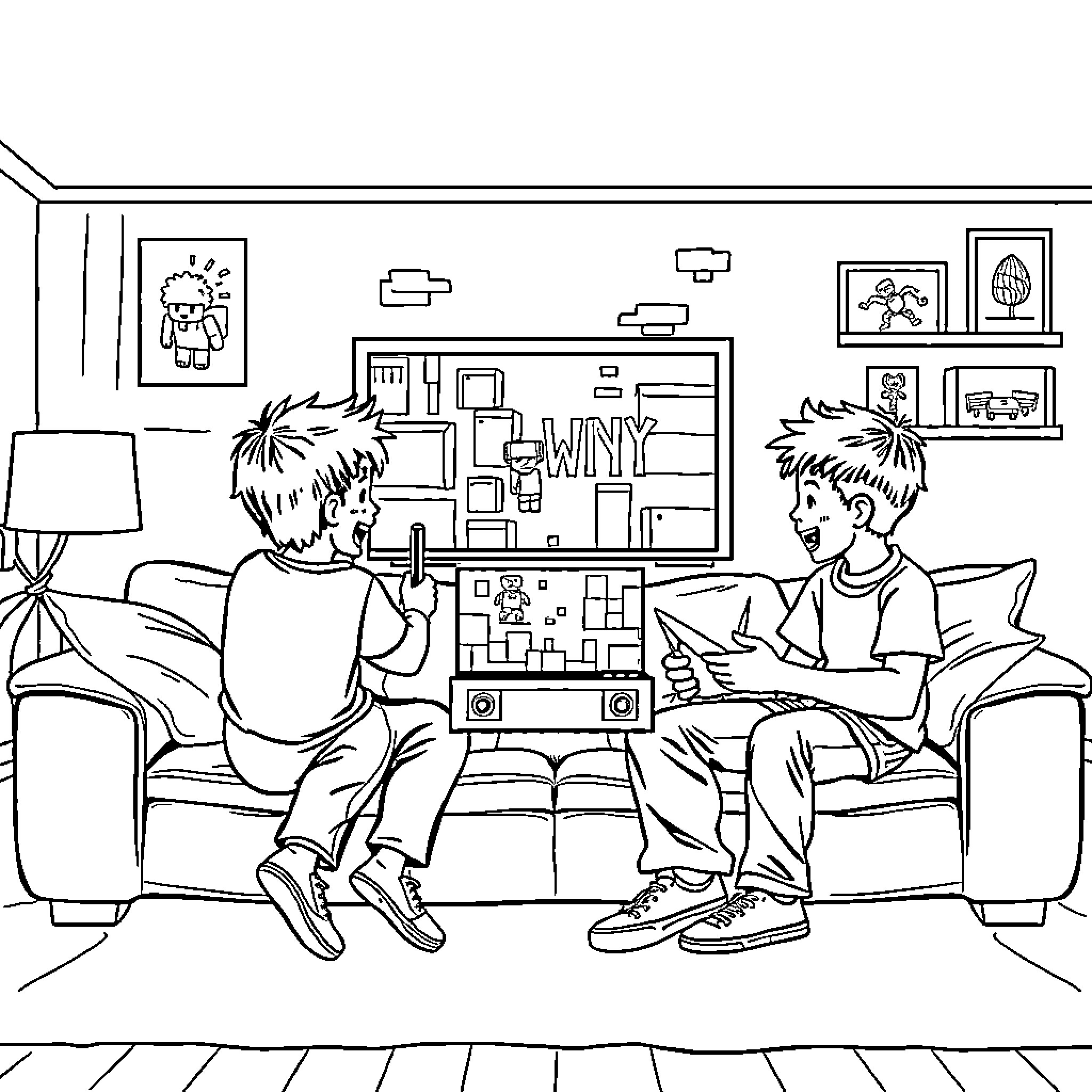 Boys Engaged in Conversation in Living Room Coloring Page (free black-and-white line drawing printable PDF for all, from beginners to advanced learners, including children, teens, adults, and seniors)