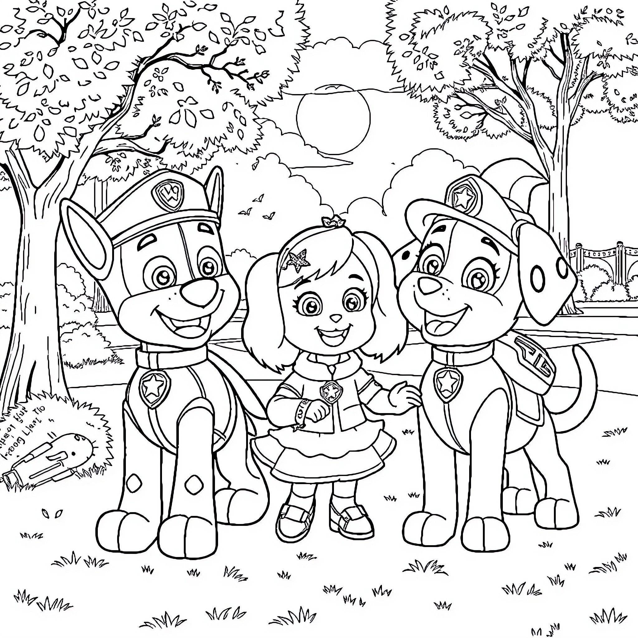 Paw Patrol characters in a woodland scene Coloring Page (free black-and-white line drawing printable PDF for all, from beginners to advanced learners, including children, teens, adults, and seniors)