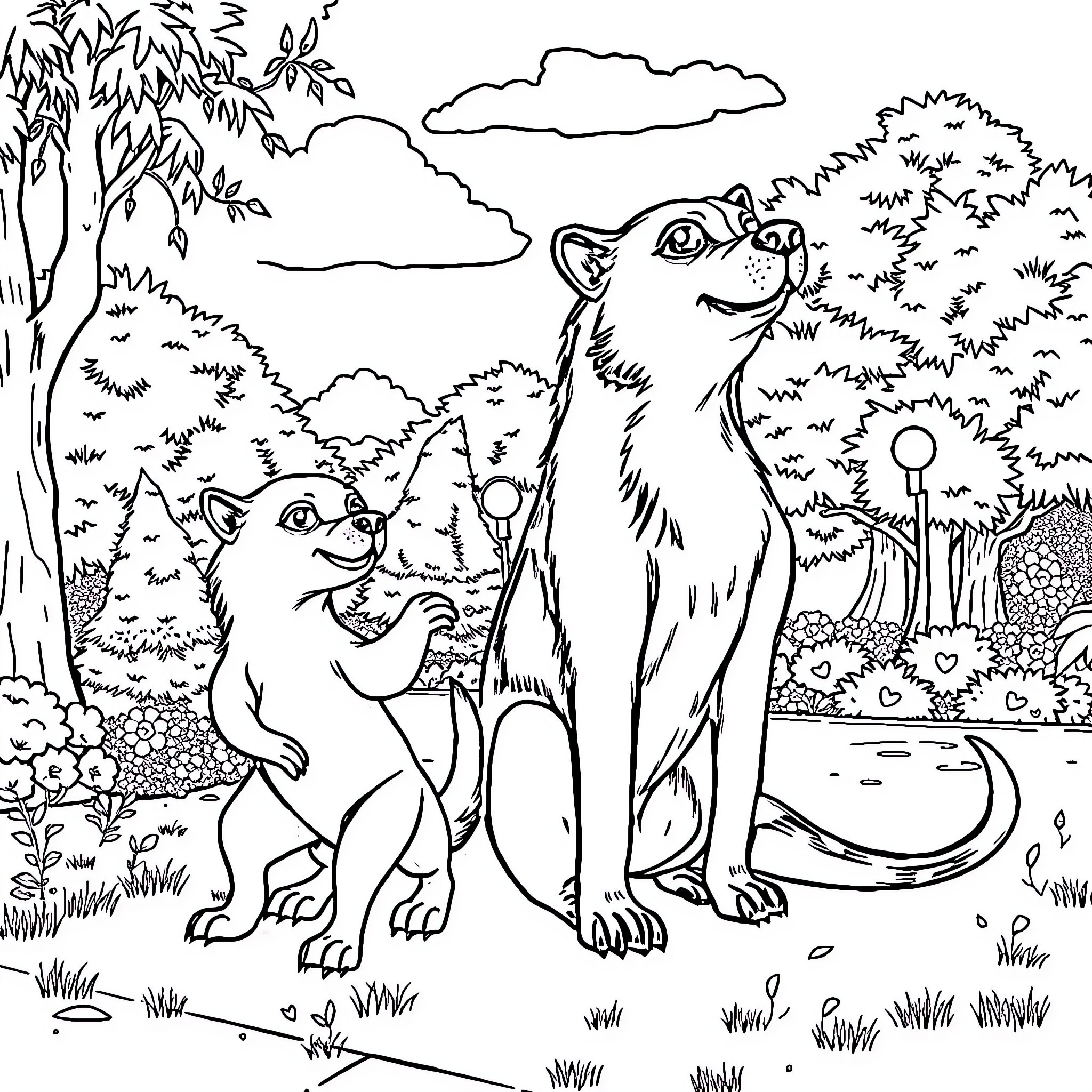 Dog duo exploring the nature landscape Coloring Page (free black-and-white line drawing printable PDF for all, from beginners to advanced learners, including children, teens, adults, and seniors)