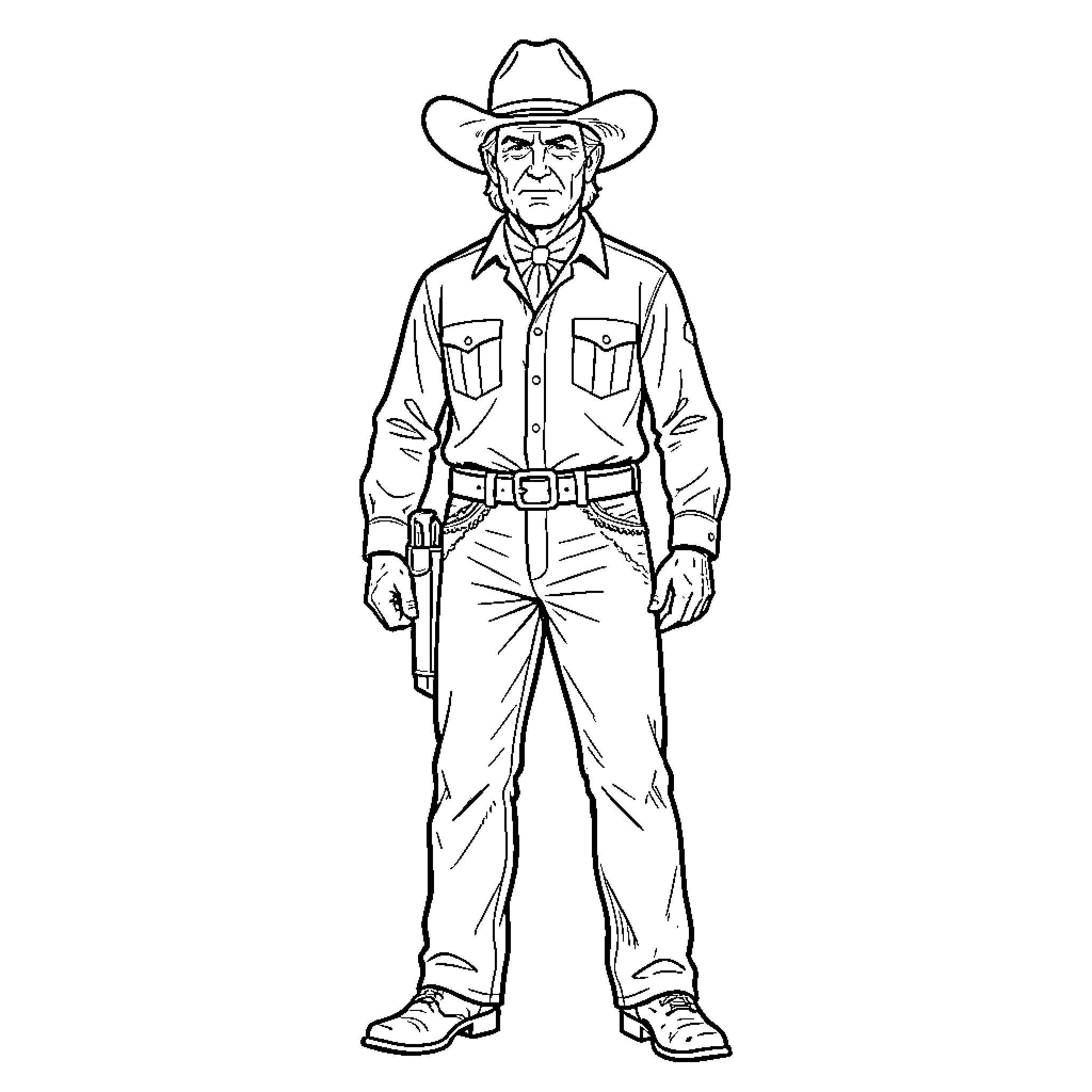 John Wayne standing in cowboy attire with a holster Coloring Page (free black-and-white line drawing printable PDF for all, from beginners to advanced learners, including children, teens, adults, and seniors)