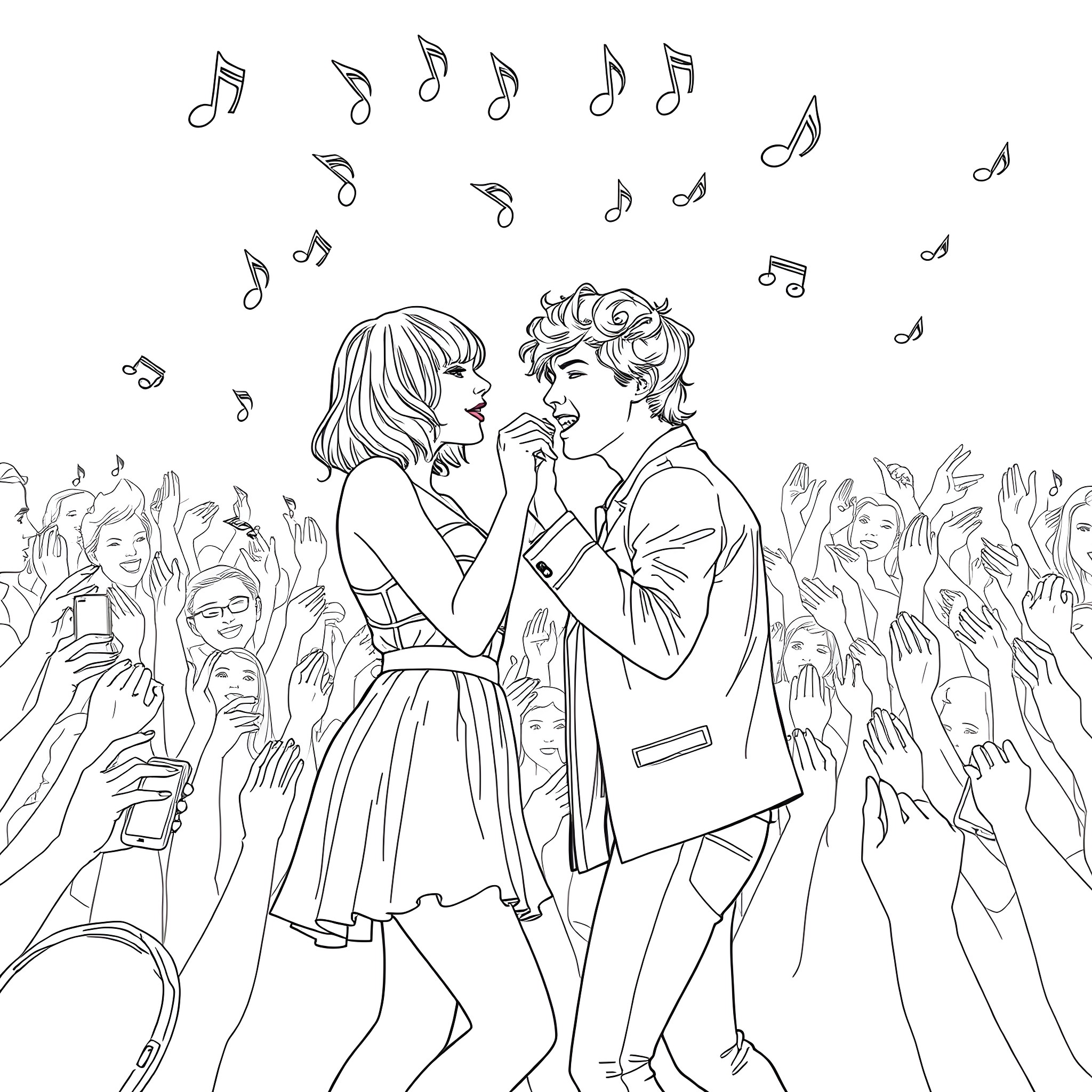 Taylor Swift and her partner performing on stage Coloring Page (free black-and-white line drawing printable PDF for all, from beginners to advanced learners, including children, teens, adults, and seniors)