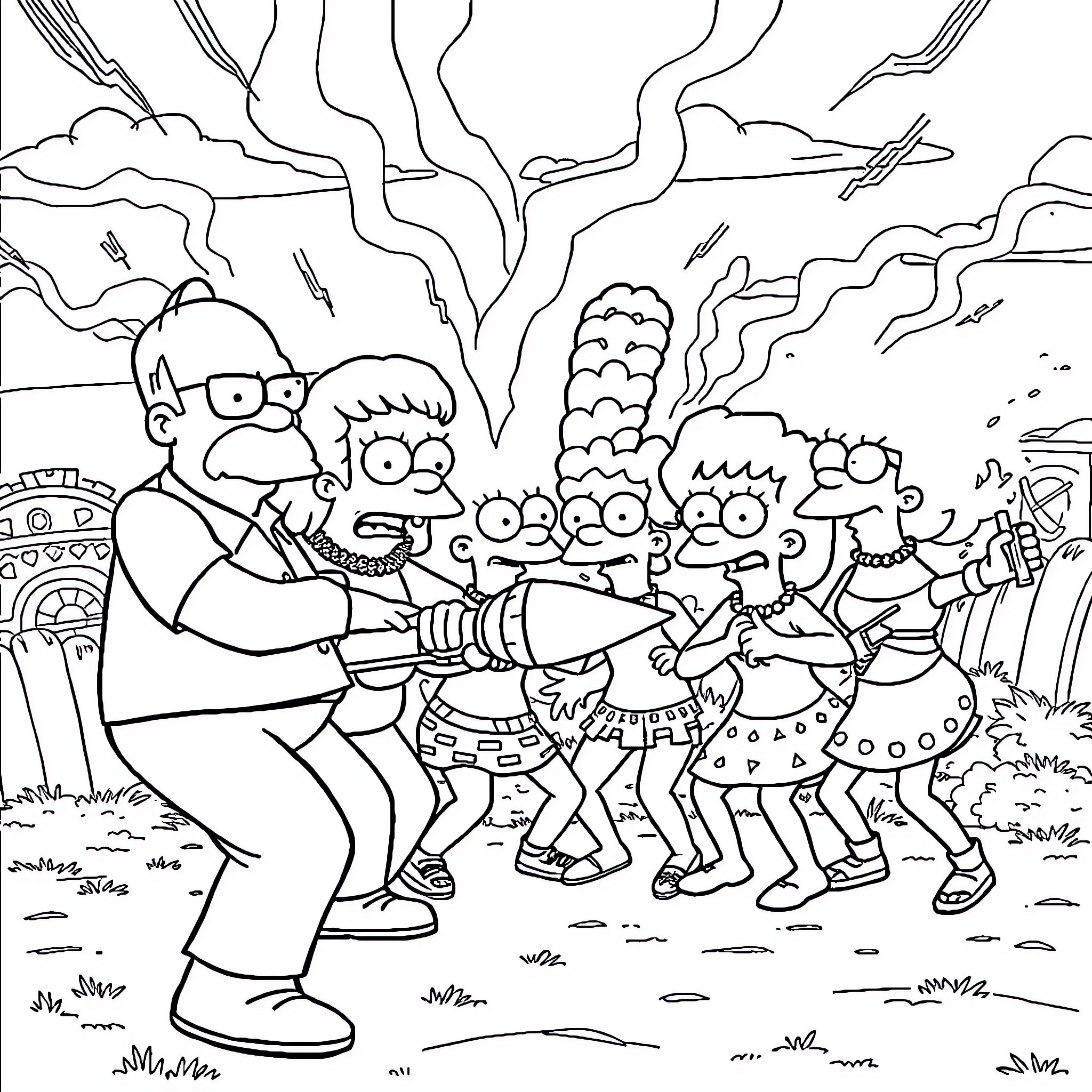 Belcher Family Celebrates in the Stormy Wilderness Coloring Page (free black-and-white line drawing printable PDF for all, from beginners to advanced learners, including children, teens, adults, and seniors)