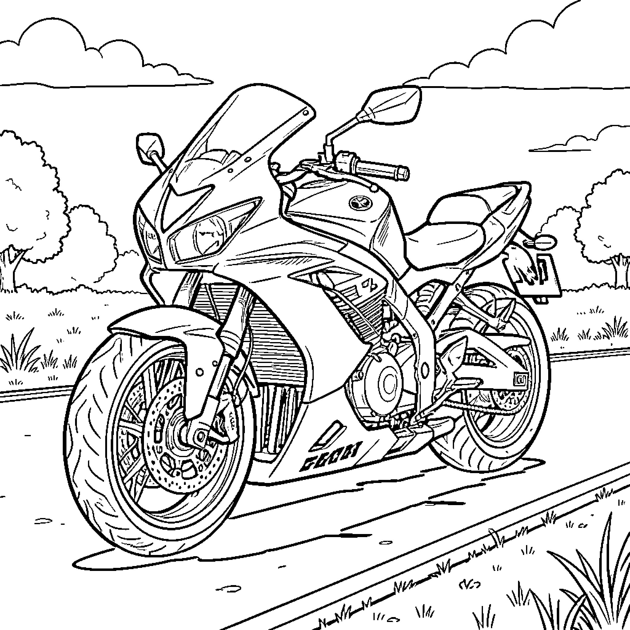 Moto parked on a scenic roadside path Coloring Page (free black-and-white line drawing printable PDF for all, from beginners to advanced learners, including children, teens, adults, and seniors)