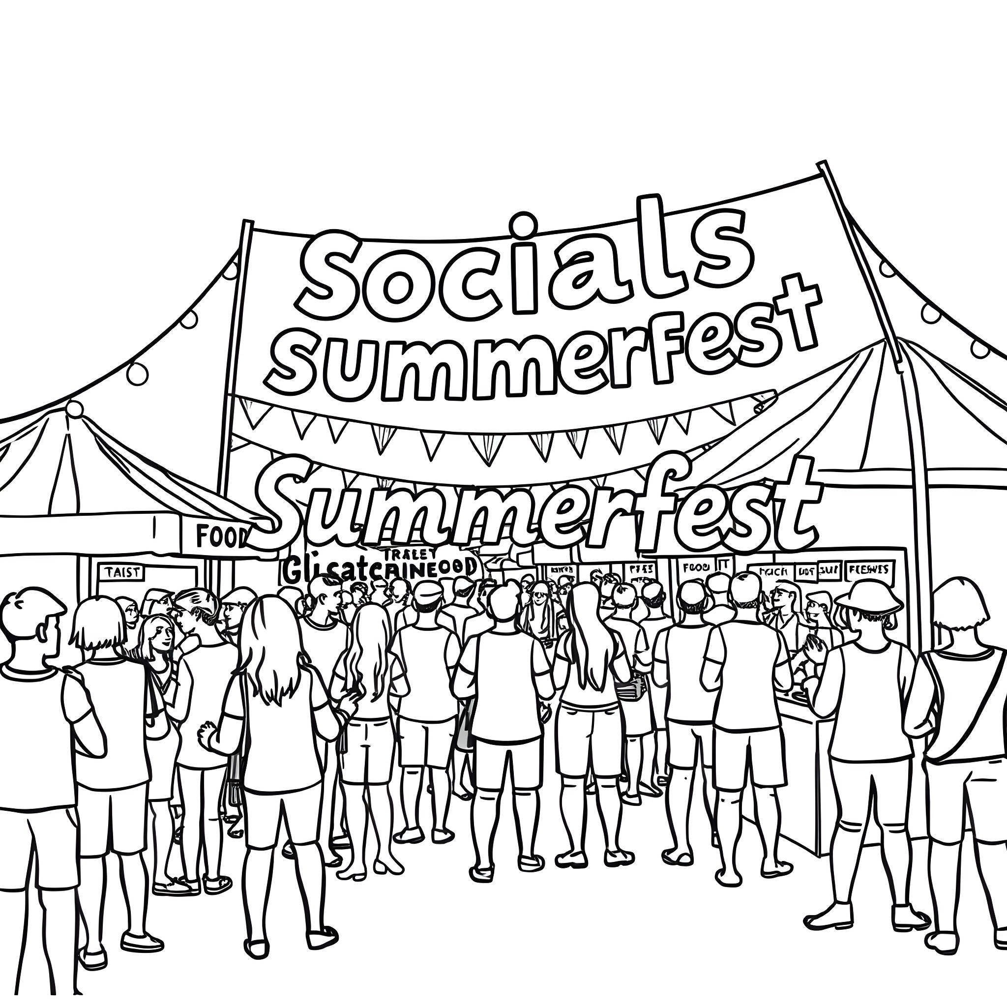 Festival of Lively Summer Celebrations Coloring Page (free black-and-white line drawing printable PDF for all, from beginners to advanced learners, including children, teens, adults, and seniors)