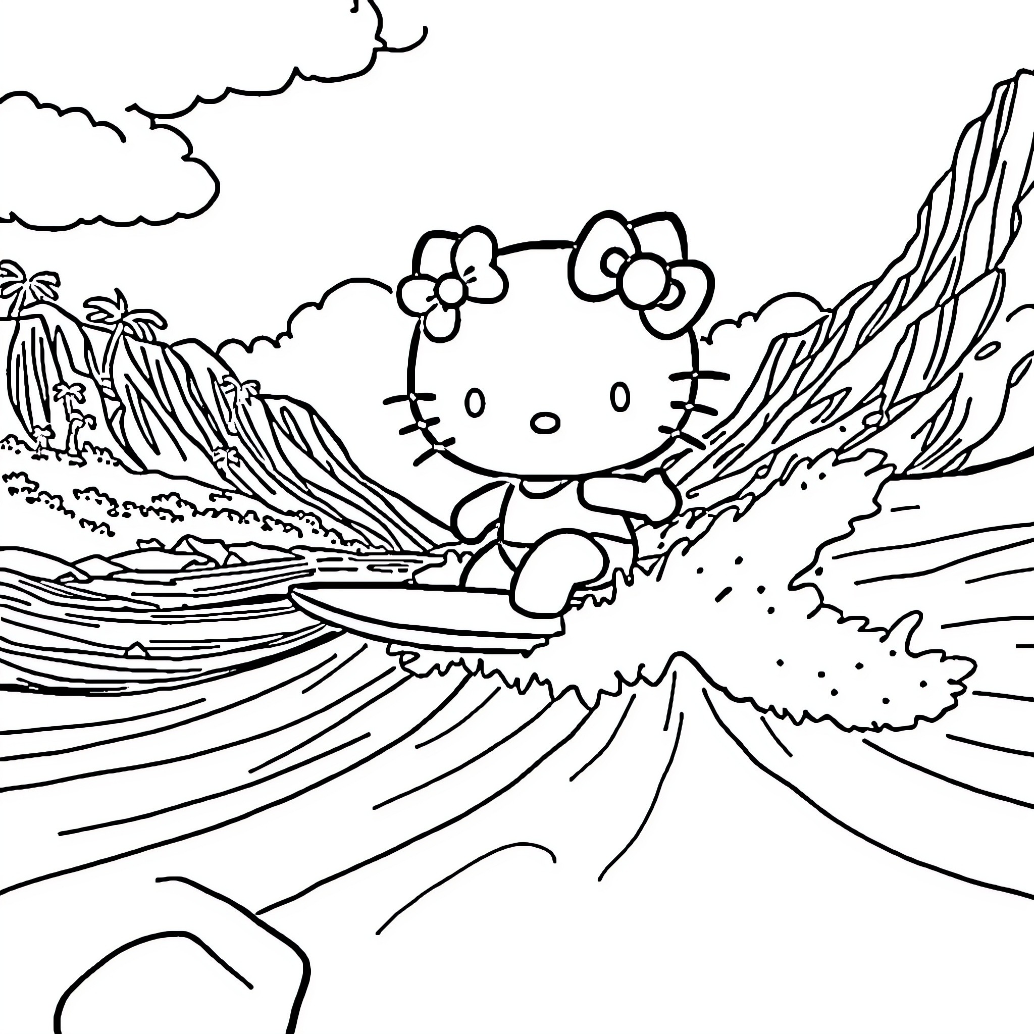 Hello Kitty enjoying the beach scenery Coloring Page (free black-and-white line drawing printable PDF for all, from beginners to advanced learners, including children, teens, adults, and seniors)