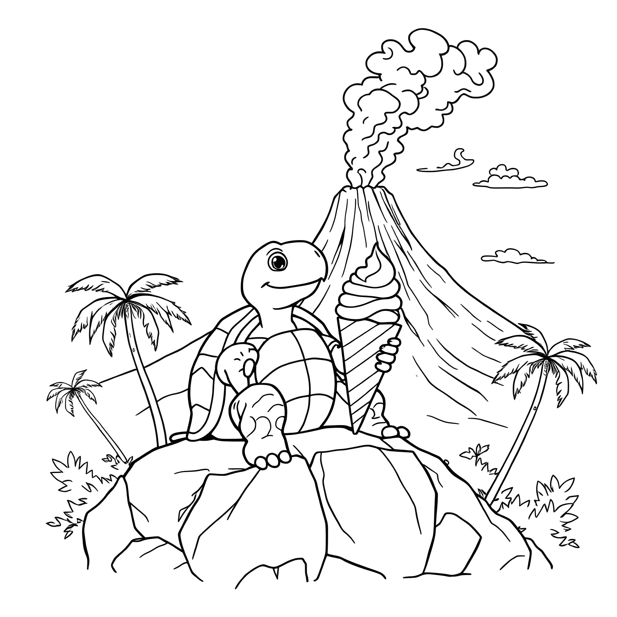 Turtle Relaxing Near Volcanic Eruption Coloring Page (free black-and-white line drawing printable PDF for all, from beginners to advanced learners, including children, teens, adults, and seniors)