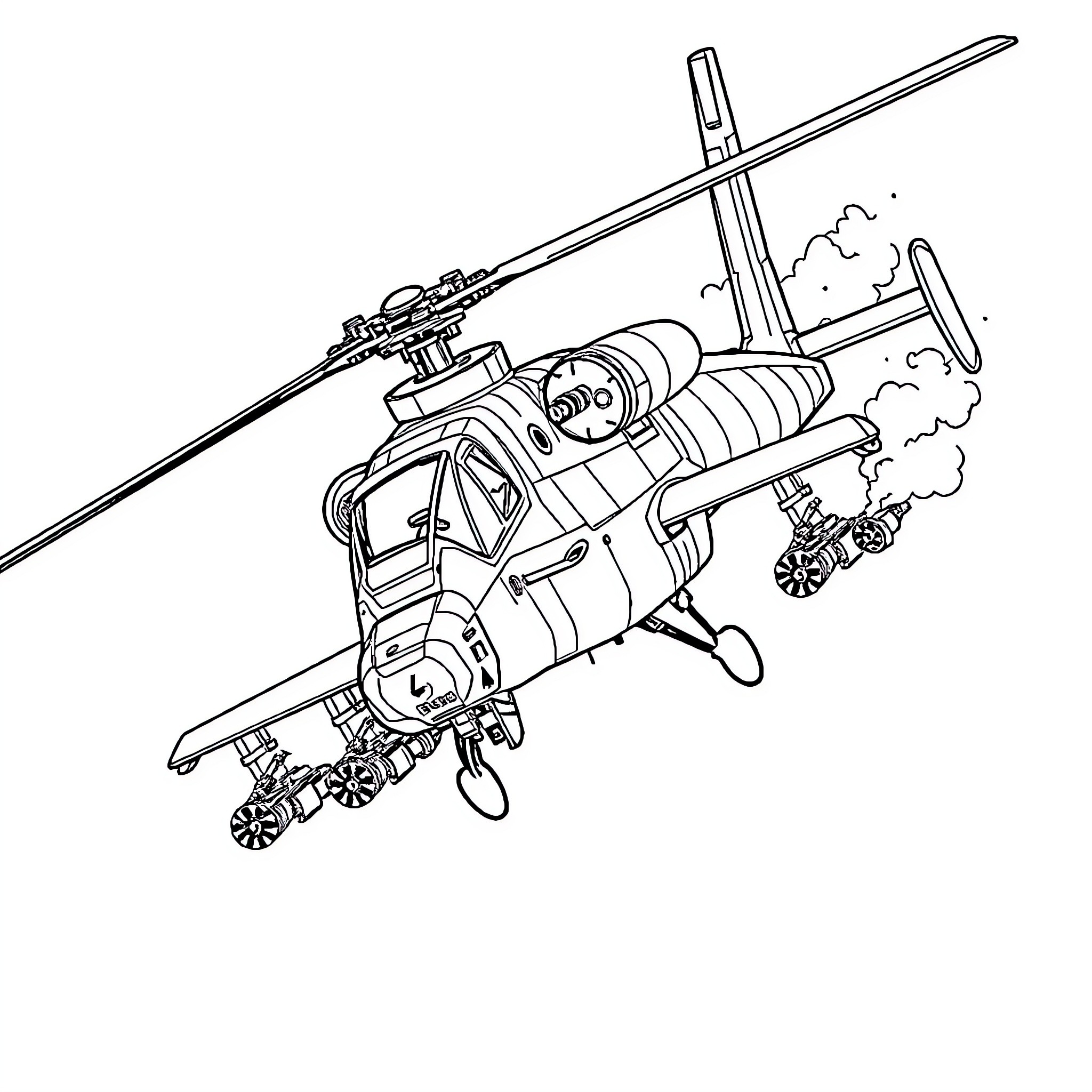 Boeing AH-64 Apache helicopter in flight Coloring Page (free black-and-white line drawing printable PDF for all, from beginners to advanced learners, including children, teens, adults, and seniors)