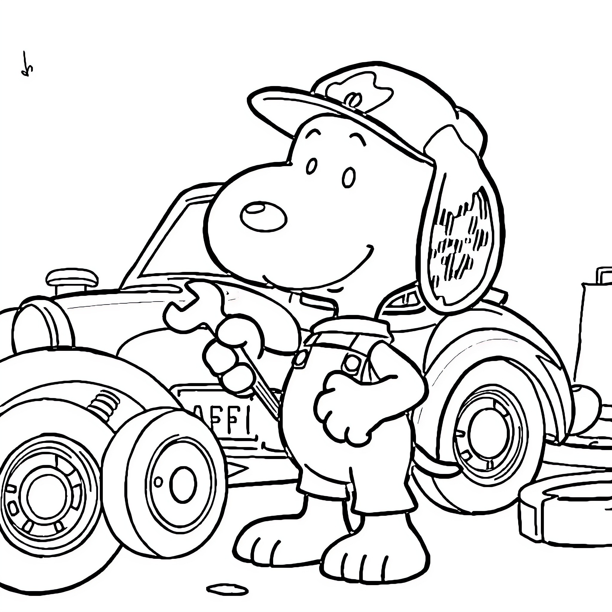 Snoopy working on his vehicle Coloring Page (free black-and-white line drawing printable PDF for all, from beginners to advanced learners, including children, teens, adults, and seniors)