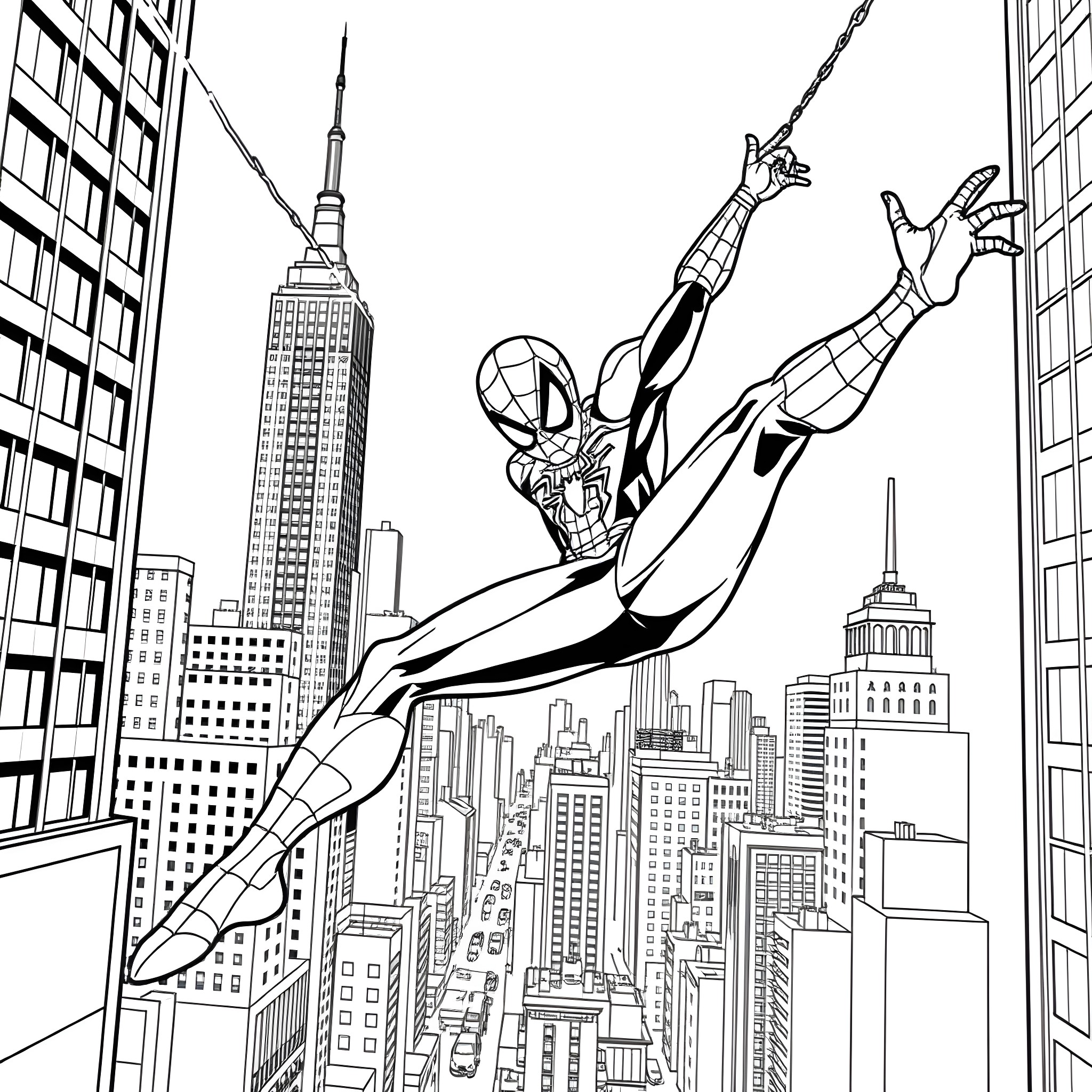 Spider-Man swinging heroically through the city skyline Coloring Page (free black-and-white line drawing printable PDF for all, from beginners to advanced learners, including children, teens, adults, and seniors)