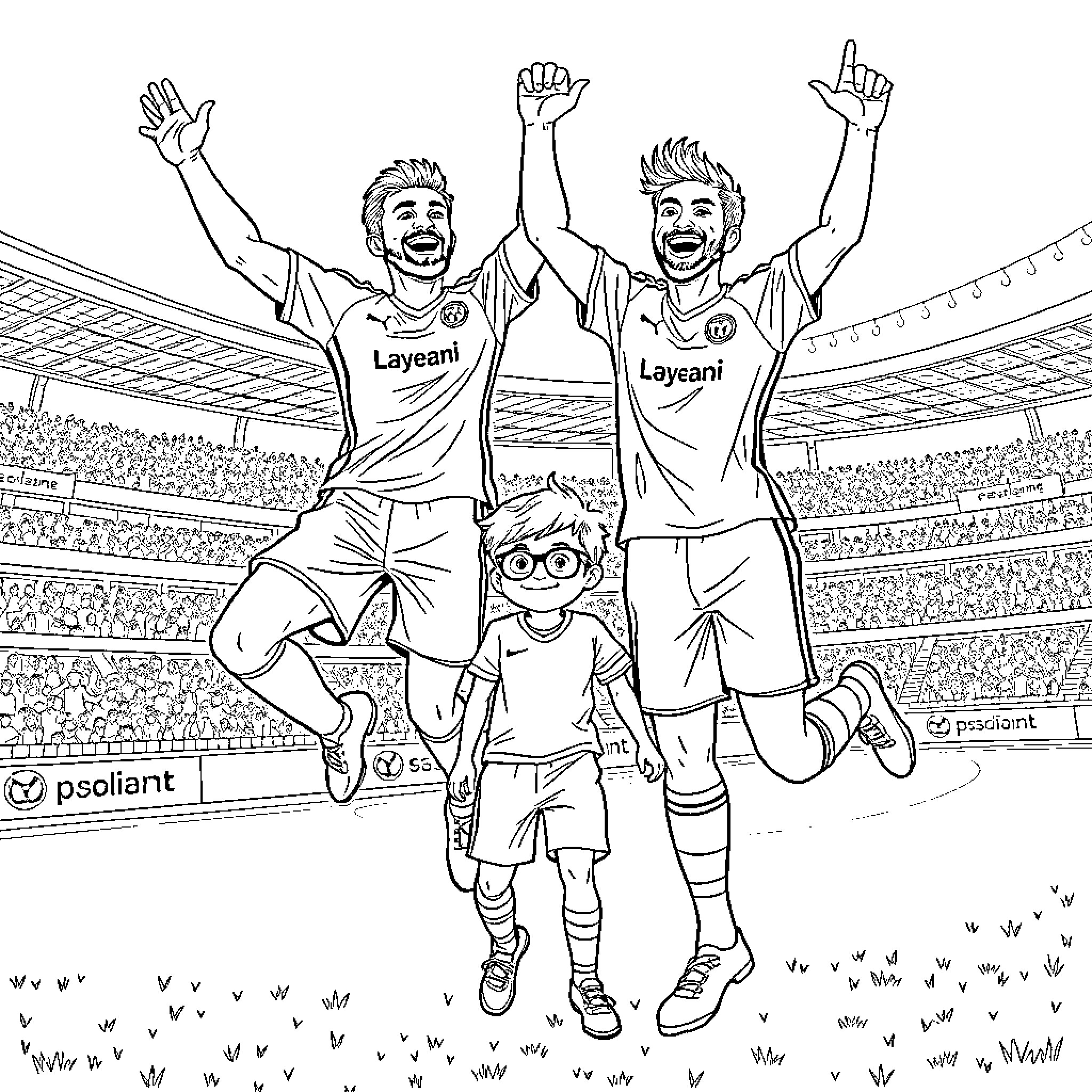 Kid Celebrating with Cheerful Soccer Players on Field Coloring Page (free black-and-white line drawing printable PDF for all, from beginners to advanced learners, including children, teens, adults, and seniors)