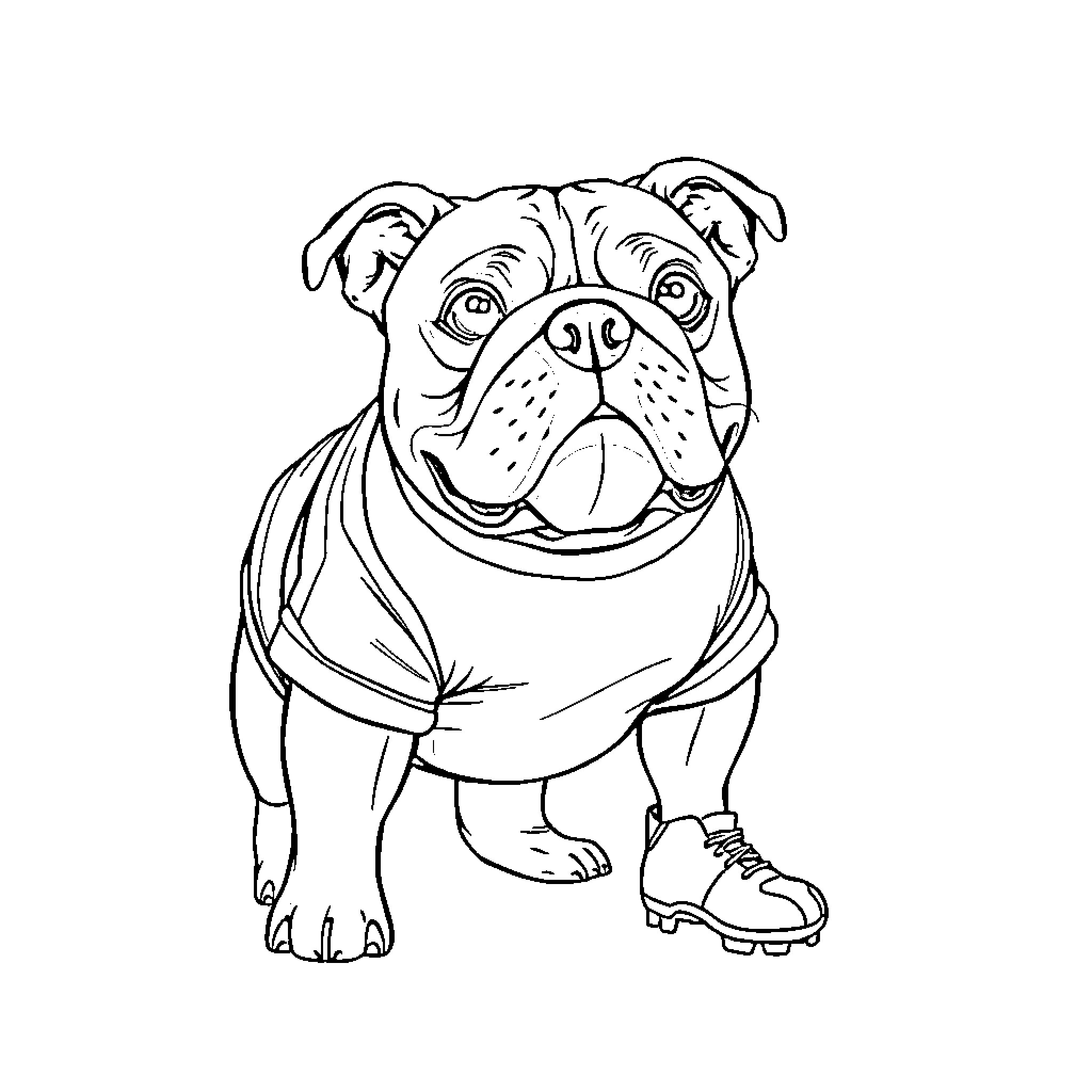Bulldog wearing sports attire and smiling cheerfully Coloring Page (free black-and-white line drawing printable PDF for all, from beginners to advanced learners, including children, teens, adults, and seniors)