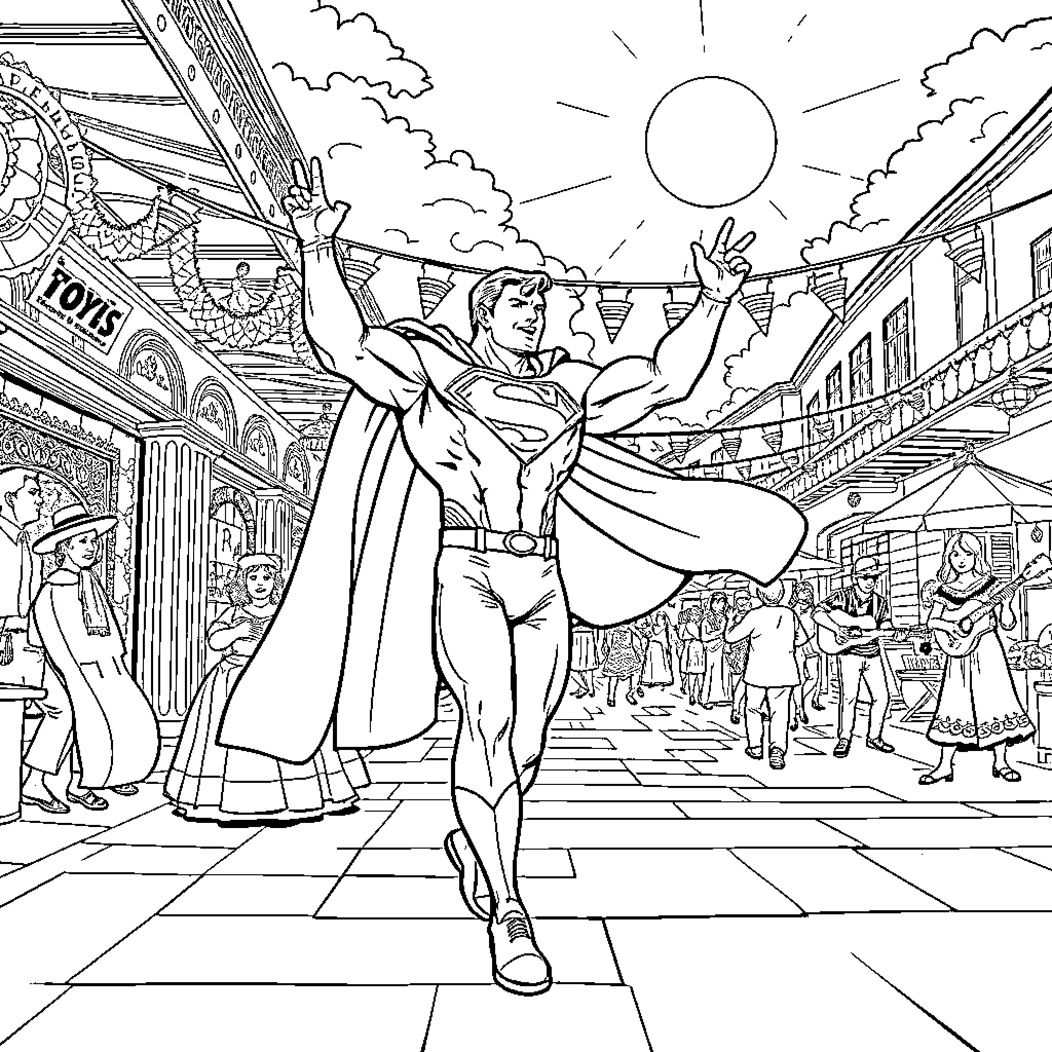 Superman Saving the Day in a Vibrant City Coloring Page (free black-and-white line drawing printable PDF for all, from beginners to advanced learners, including children, teens, adults, and seniors)