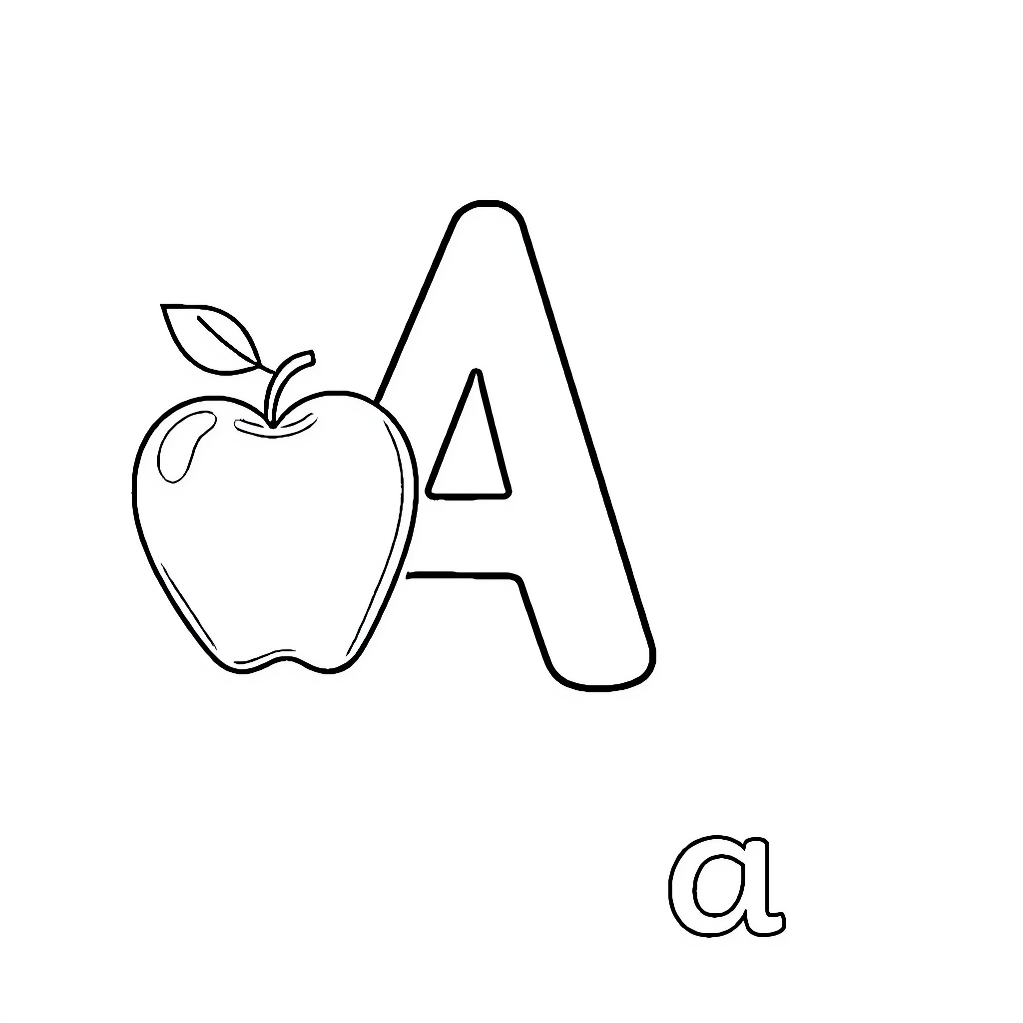 Letter A with apple outline Coloring Page (free black-and-white line drawing printable PDF for all, from beginners to advanced learners, including children, teens, adults, and seniors)