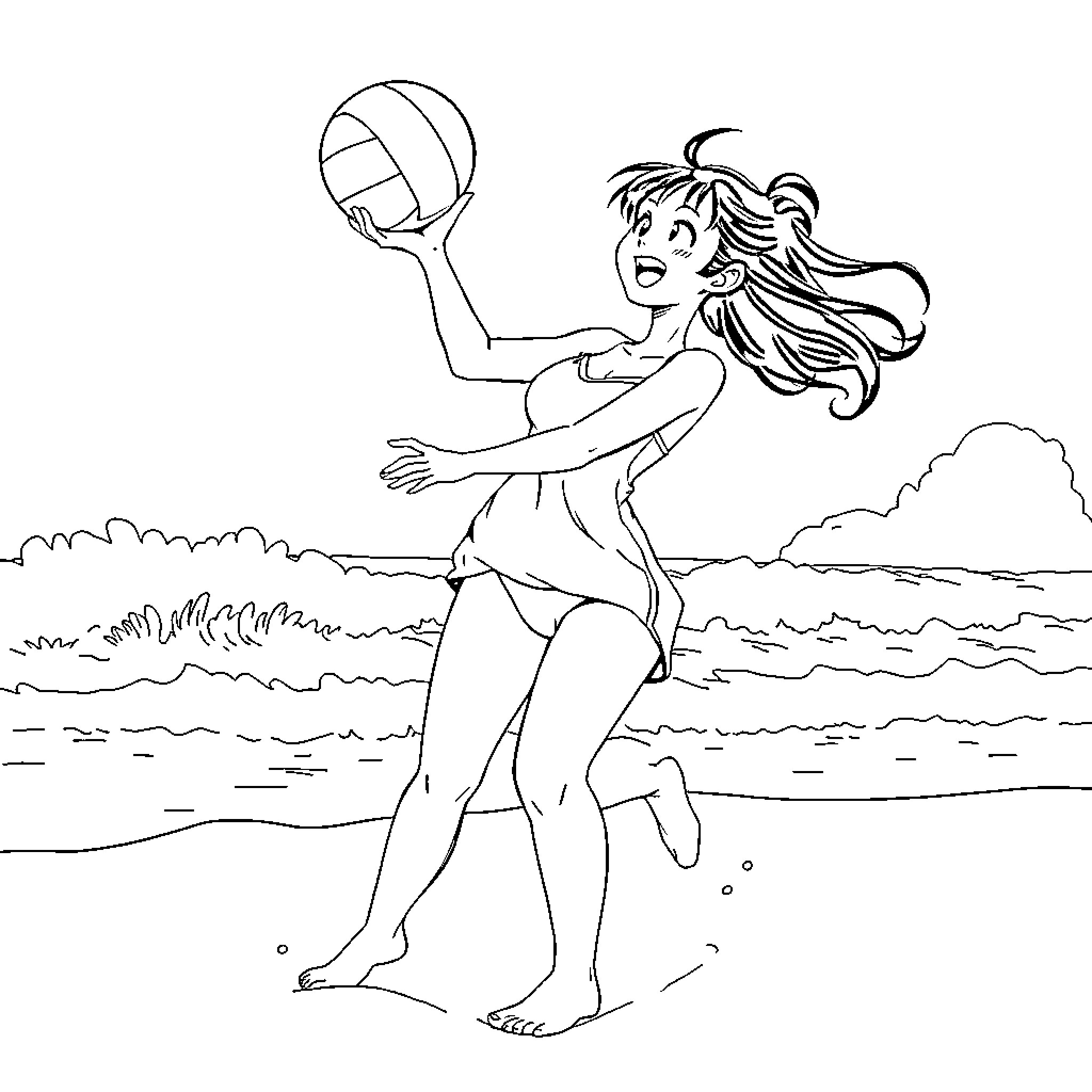 Kanao Tsururi playing beach volleyball on the shore Coloring Page (free black-and-white line drawing printable PDF for all, from beginners to advanced learners, including children, teens, adults, and seniors)