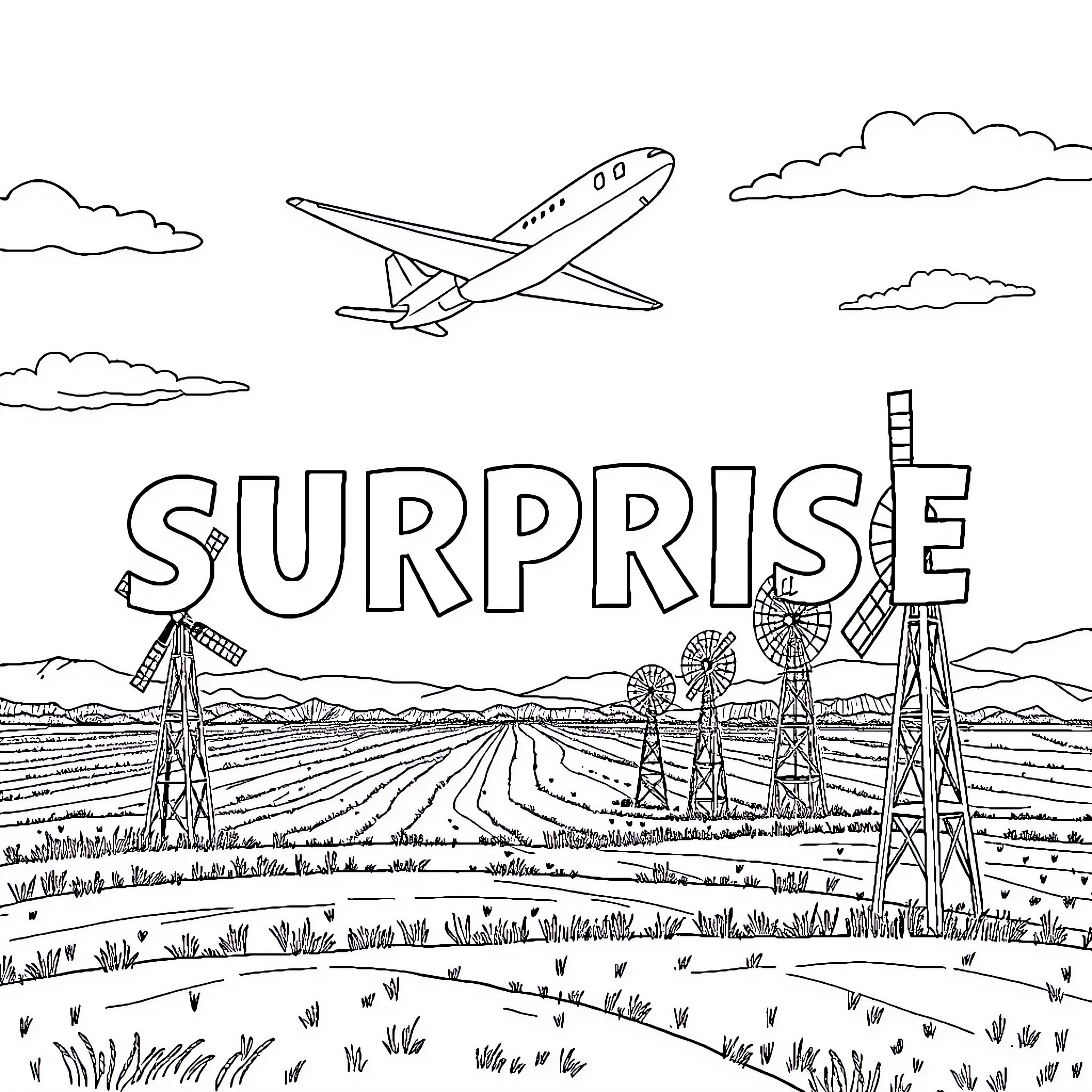 Airplane over a Surprising Landscape Coloring Page (free black-and-white line drawing printable PDF for all, from beginners to advanced learners, including children, teens, adults, and seniors)