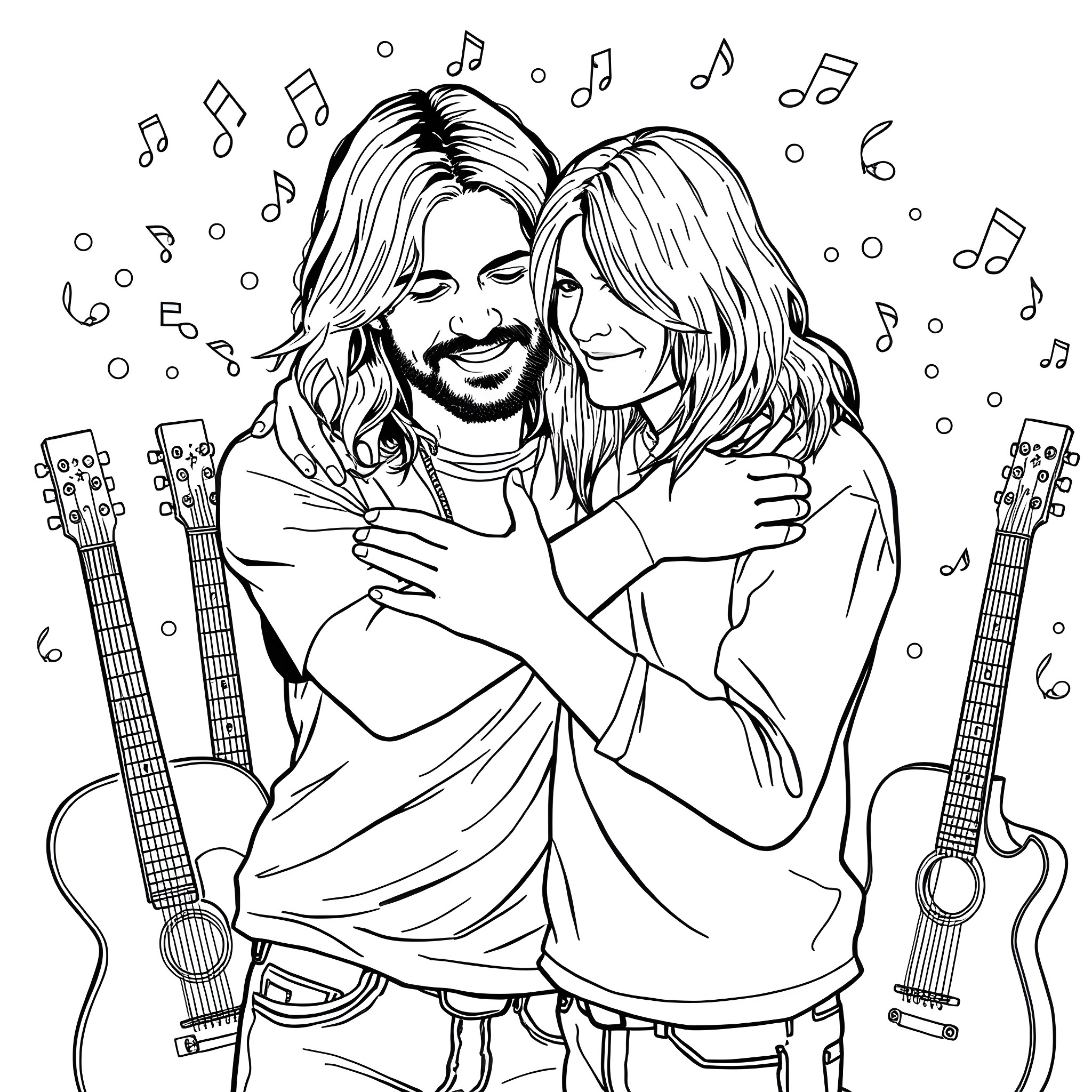 Eddie Vedder and his bandmate enjoying a musical moment Coloring Page (free black-and-white line drawing printable PDF for all, from beginners to advanced learners, including children, teens, adults, and seniors)