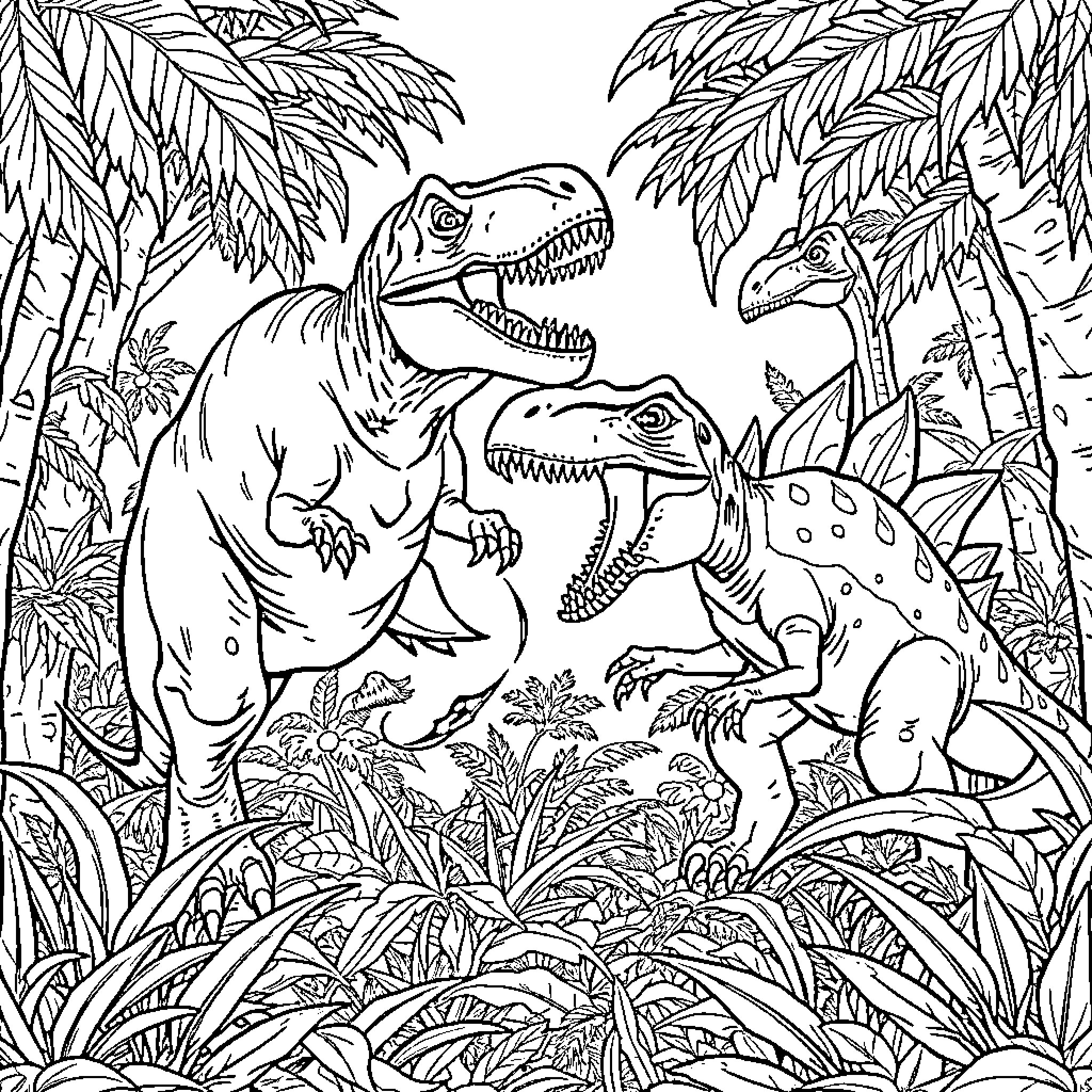Dinosaurs roaming in the prehistoric jungle Coloring Page (free black-and-white line drawing printable PDF for all, from beginners to advanced learners, including children, teens, adults, and seniors)