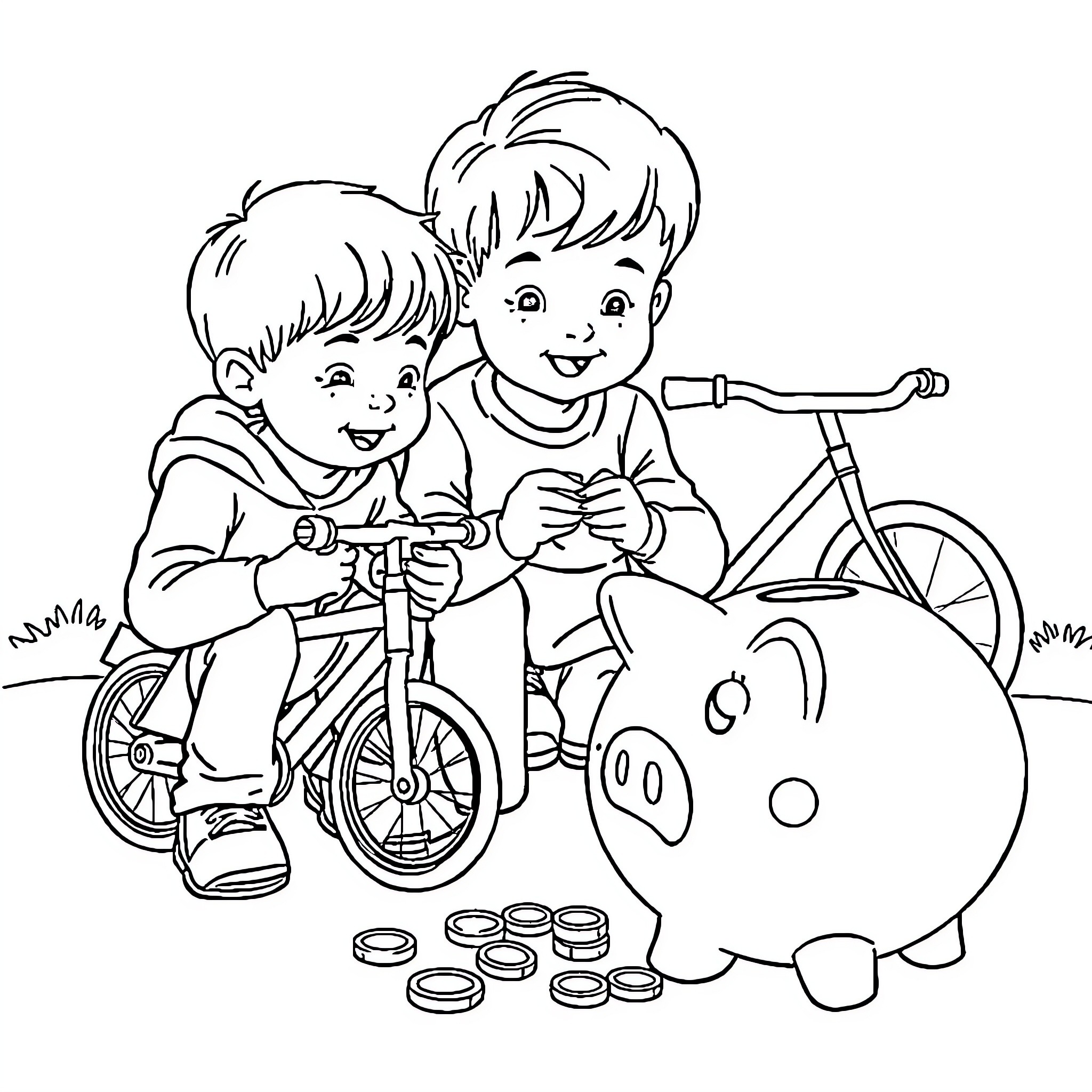 Kid Brothers Riding Bicycles and Saving Coins Coloring Page (free black-and-white line drawing printable PDF for all, from beginners to advanced learners, including children, teens, adults, and seniors)