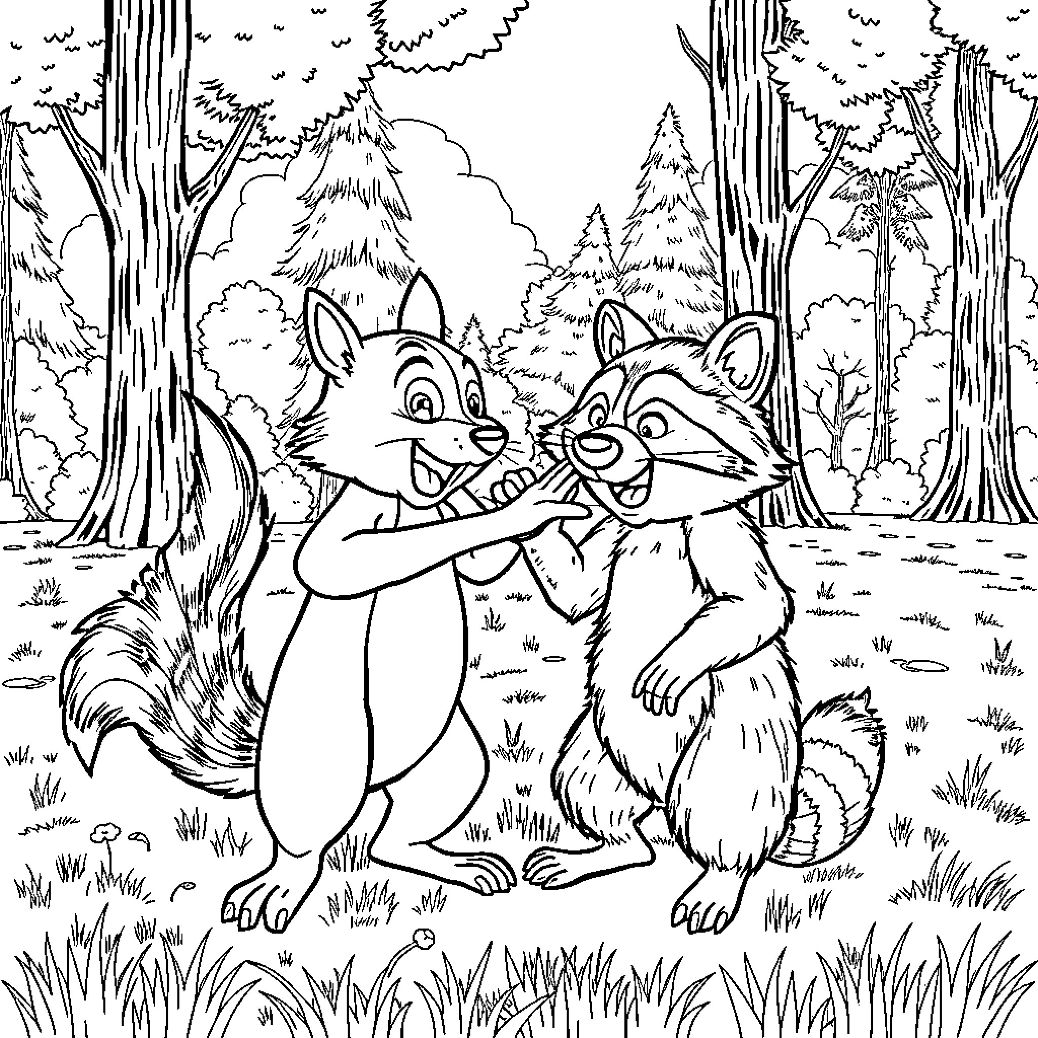 Squirrels playing together in the forest Coloring Page (free black-and-white line drawing printable PDF for all, from beginners to advanced learners, including children, teens, adults, and seniors)