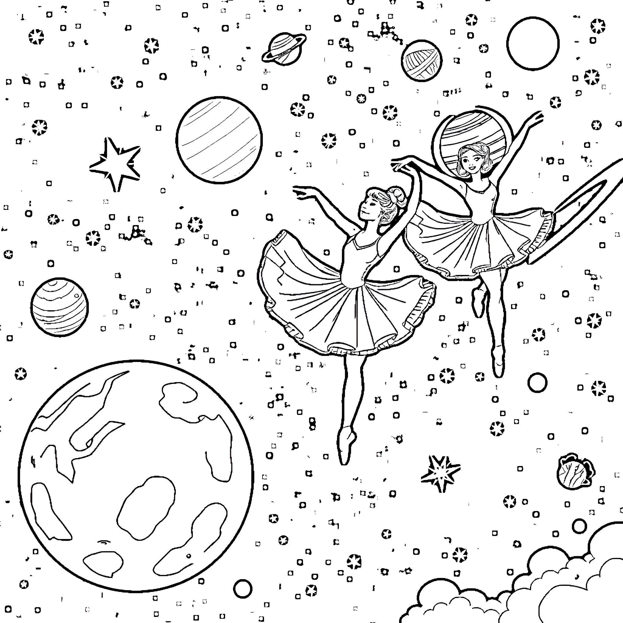 Ballet Dancers Performing in a Cosmic Dreamscape Coloring Page (free black-and-white line drawing printable PDF for all, from beginners to advanced learners, including children, teens, adults, and seniors)
