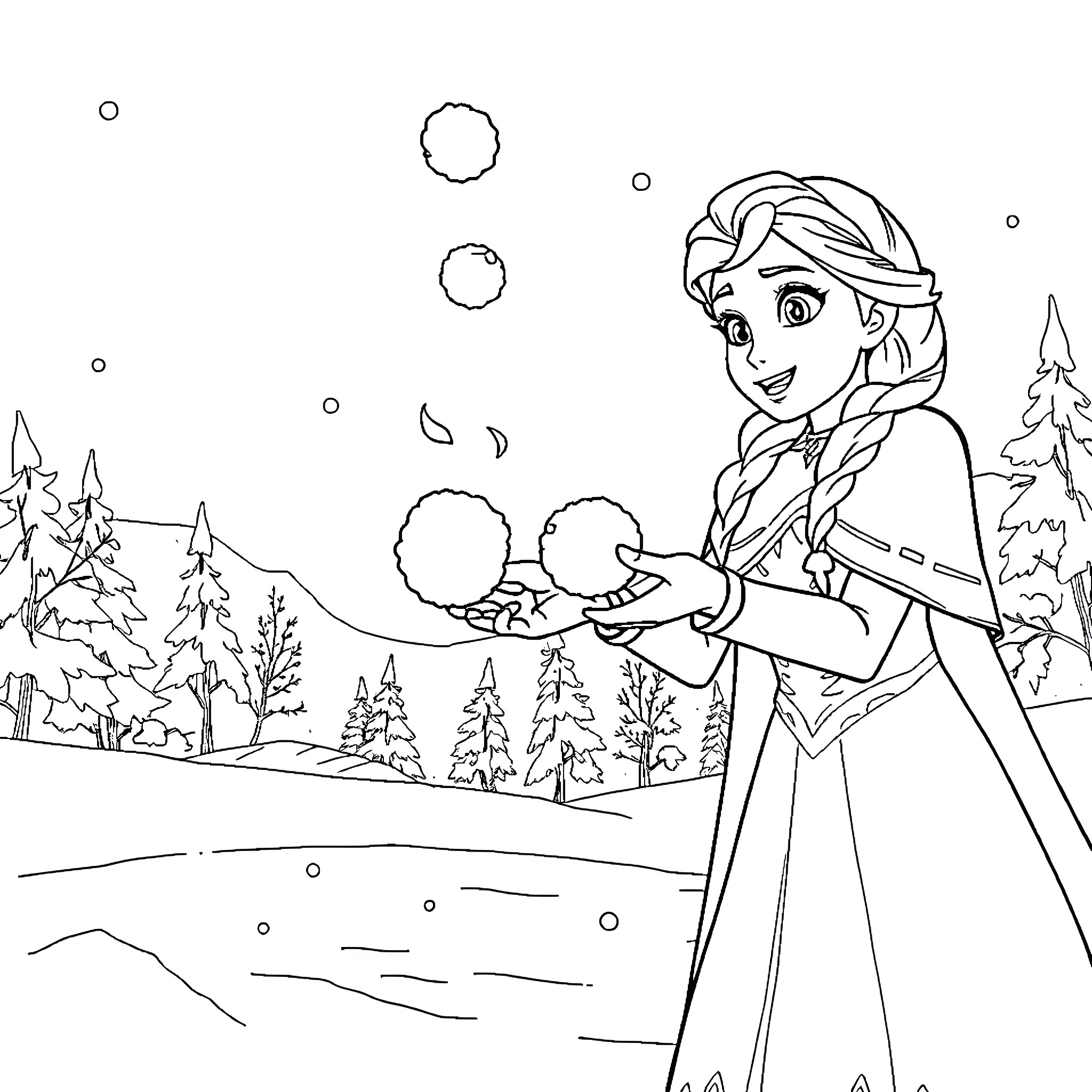 Anna creating snowballs in the winter forest Coloring Page (free black-and-white line drawing printable PDF for all, from beginners to advanced learners, including children, teens, adults, and seniors)