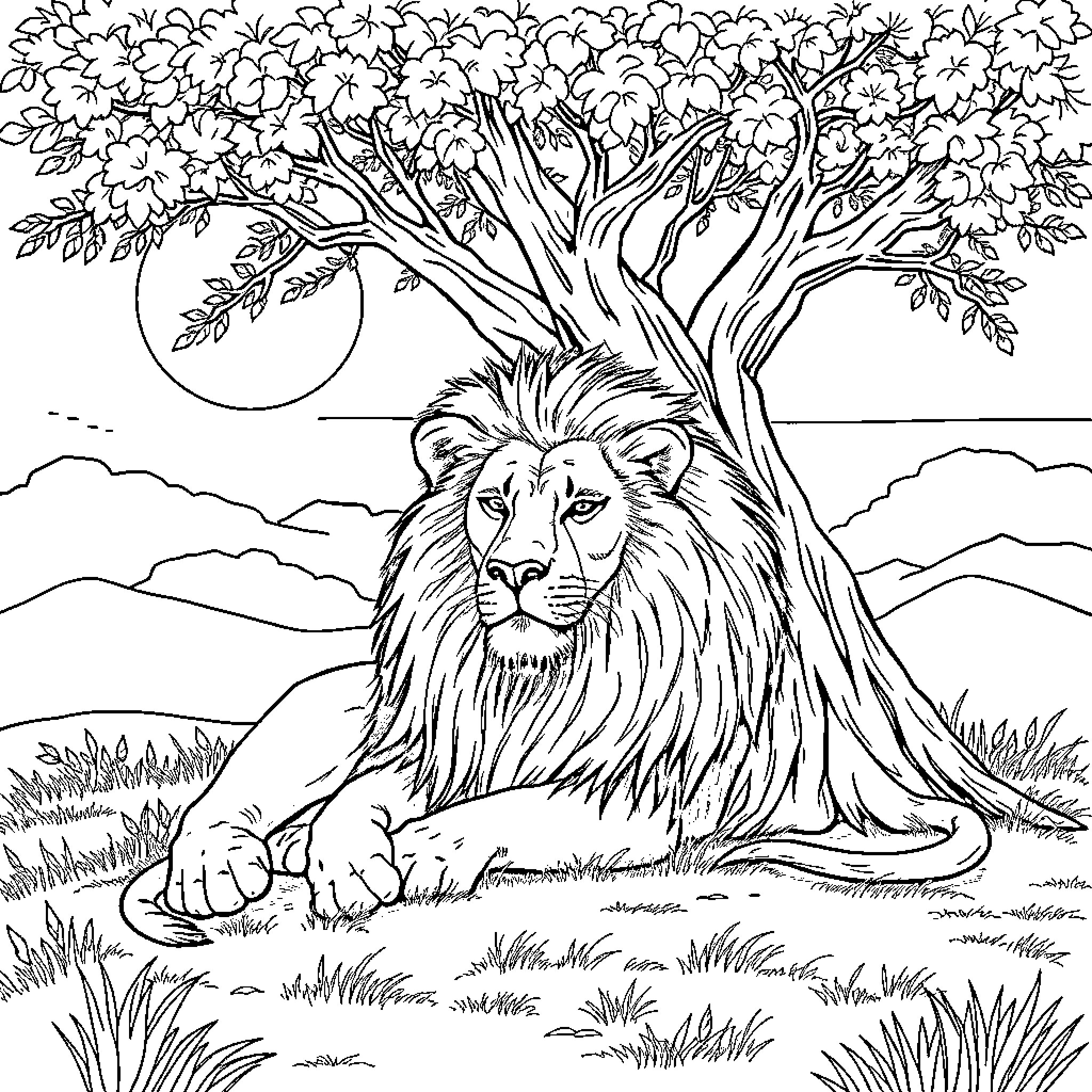 Lion resting under a blooming tree Coloring Page (free black-and-white line drawing printable PDF for all, from beginners to advanced learners, including children, teens, adults, and seniors)