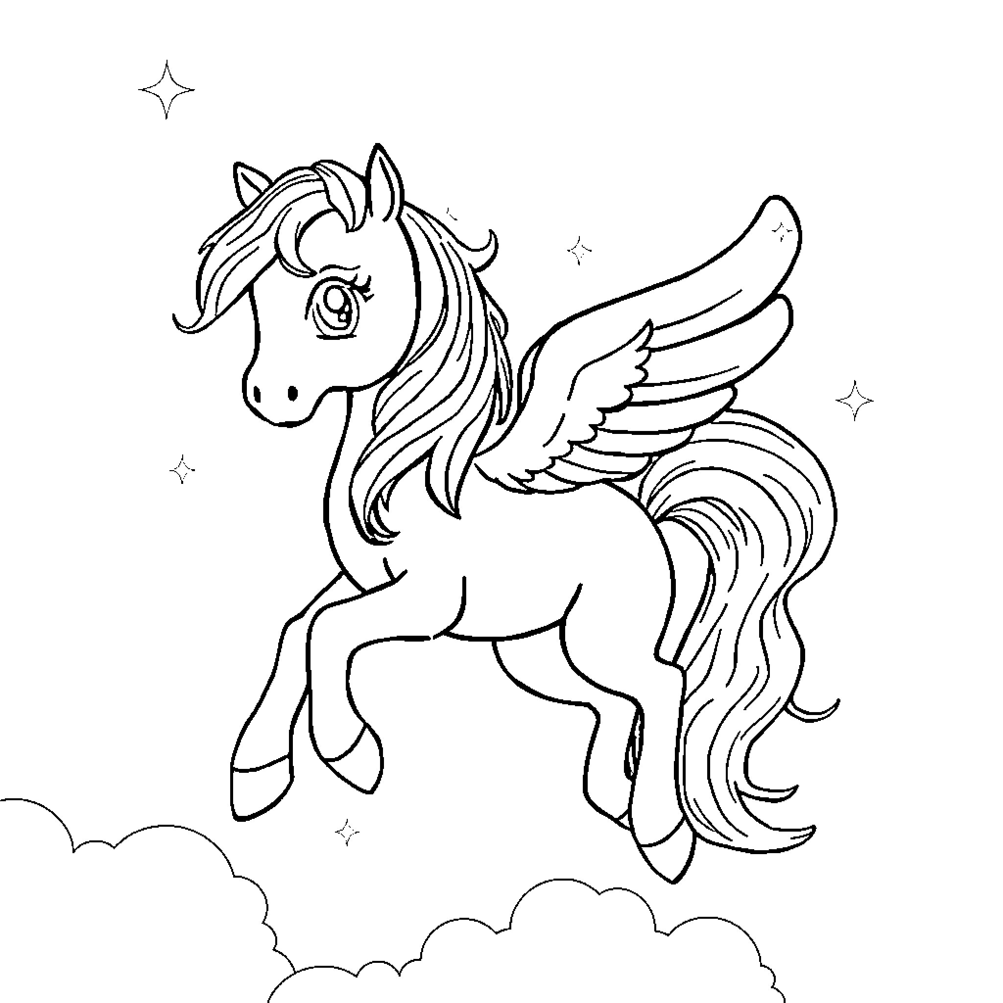 Flying Pony Soaring through Starry Skies Coloring Page (free black-and-white line drawing printable PDF for all, from beginners to advanced learners, including children, teens, adults, and seniors)