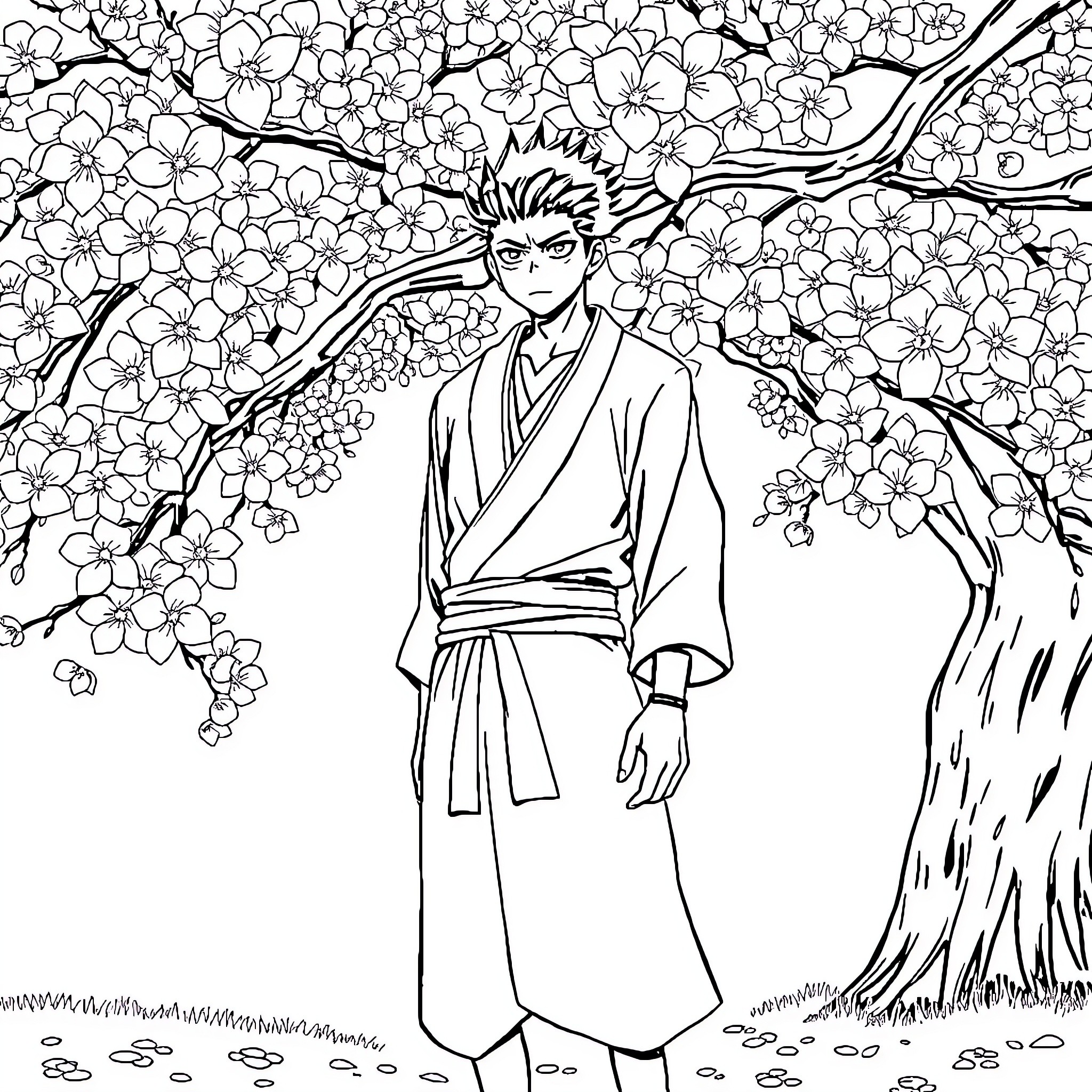 Zoro amid blooming flowers in serene nature Coloring Page (free black-and-white line drawing printable PDF for all, from beginners to advanced learners, including children, teens, adults, and seniors)