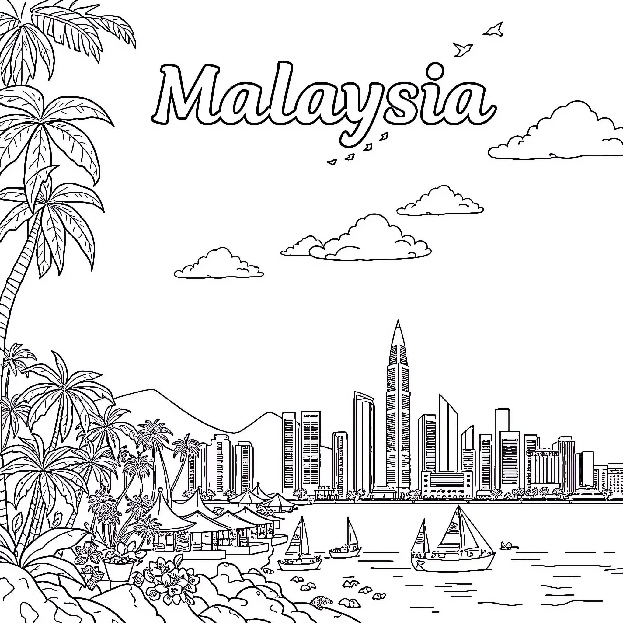 Malaysia's Skyline and Tropical Scenery Coloring Page (free black-and-white line drawing printable PDF for all, from beginners to advanced learners, including children, teens, adults, and seniors)