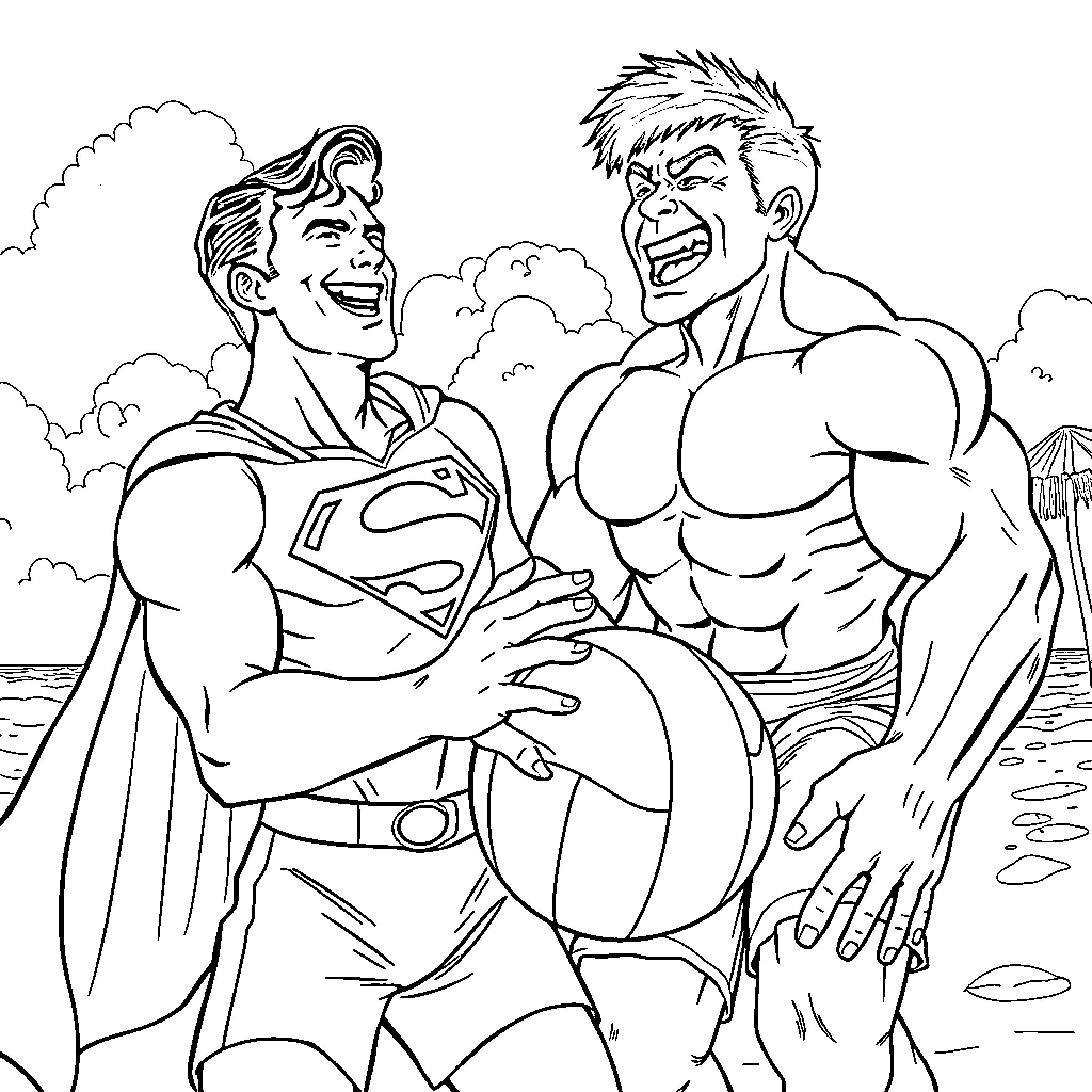 Superman's friendly encounter with muscular superhero Coloring Page (free black-and-white line drawing printable PDF for all, from beginners to advanced learners, including children, teens, adults, and seniors)