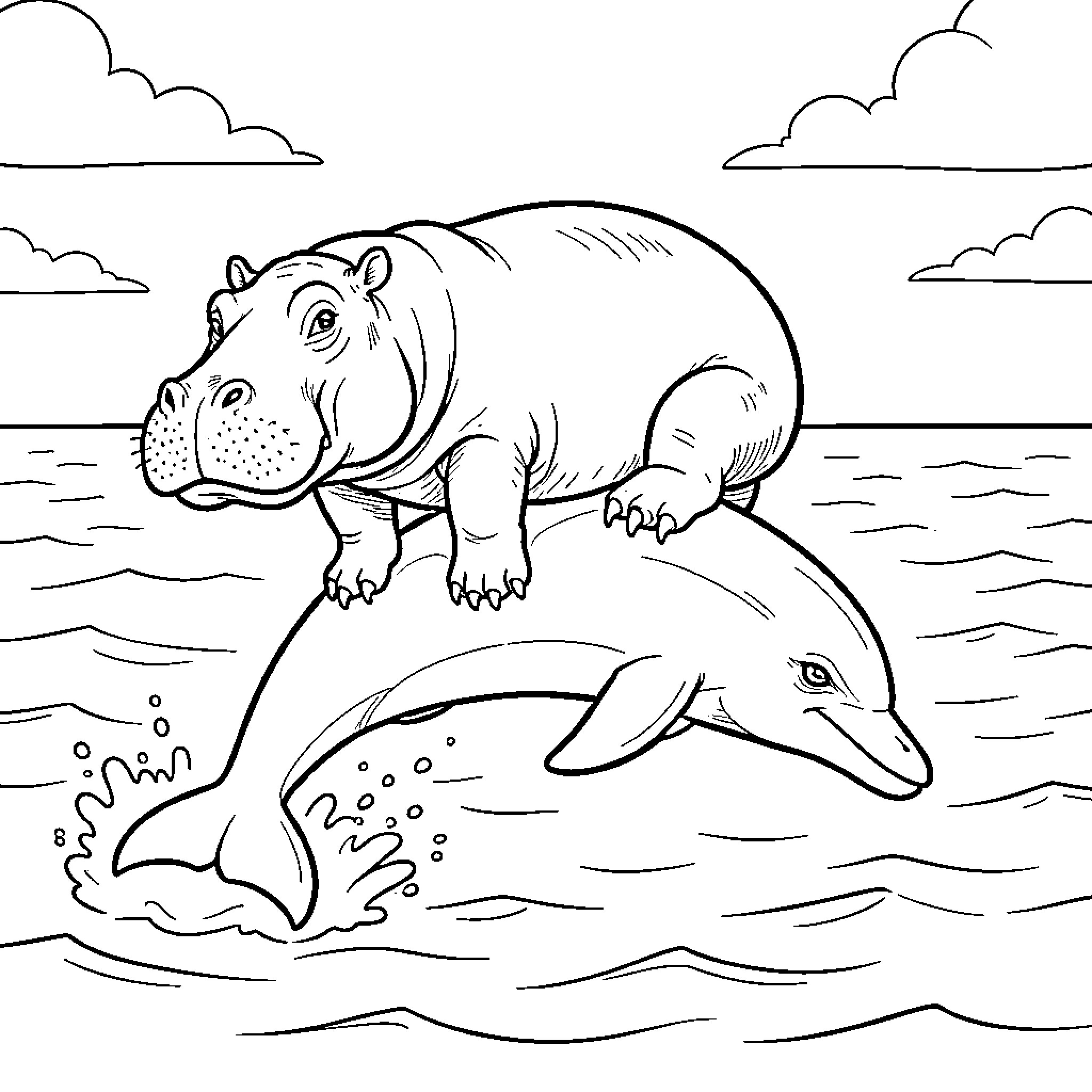 Hippopotamus riding a dolphin through the ocean waves Coloring Page (free black-and-white line drawing printable PDF for all, from beginners to advanced learners, including children, teens, adults, and seniors)
