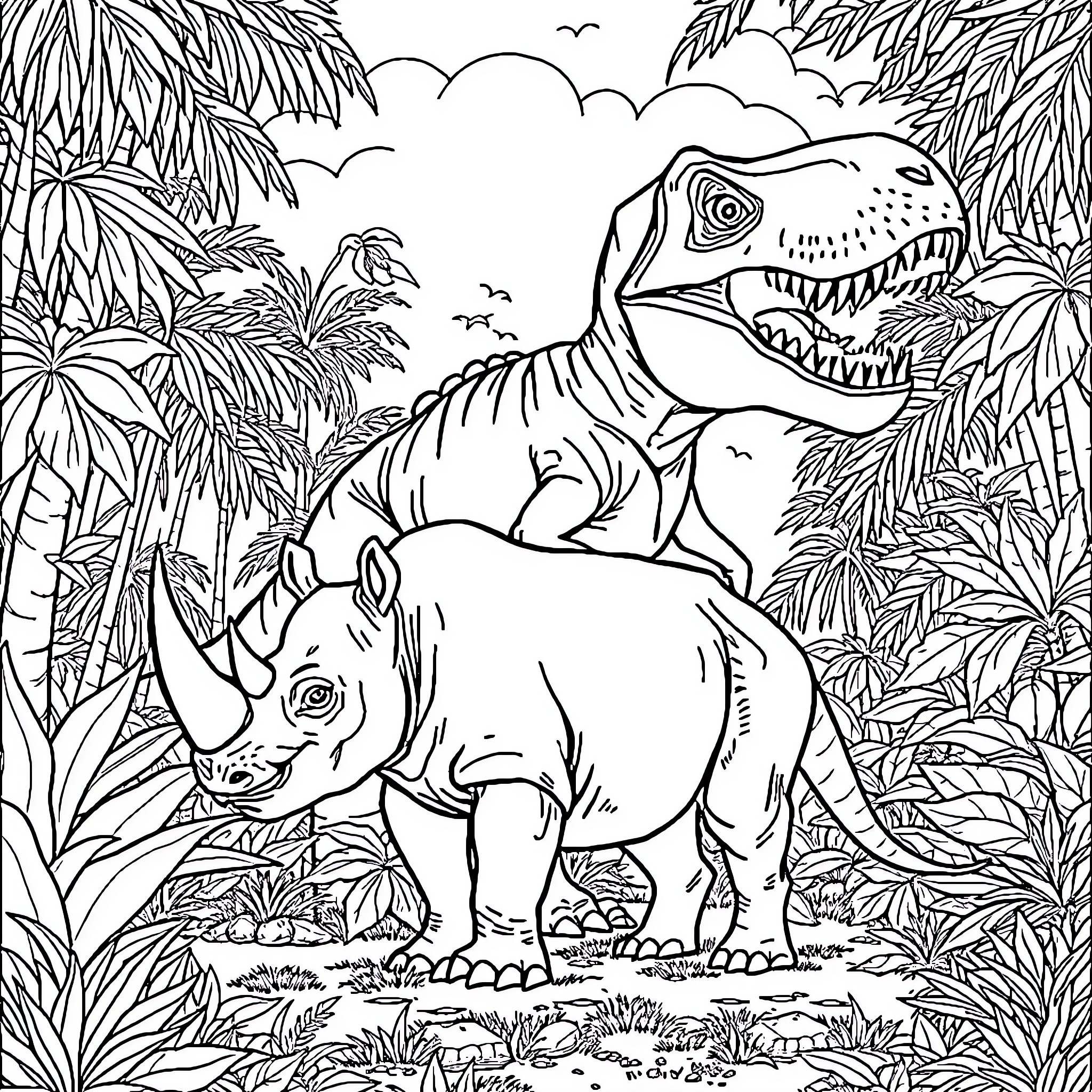 Rhinoceros and Tyrannosaurus Rex in Tropical Jungle Coloring Page (free black-and-white line drawing printable PDF for all, from beginners to advanced learners, including children, teens, adults, and seniors)