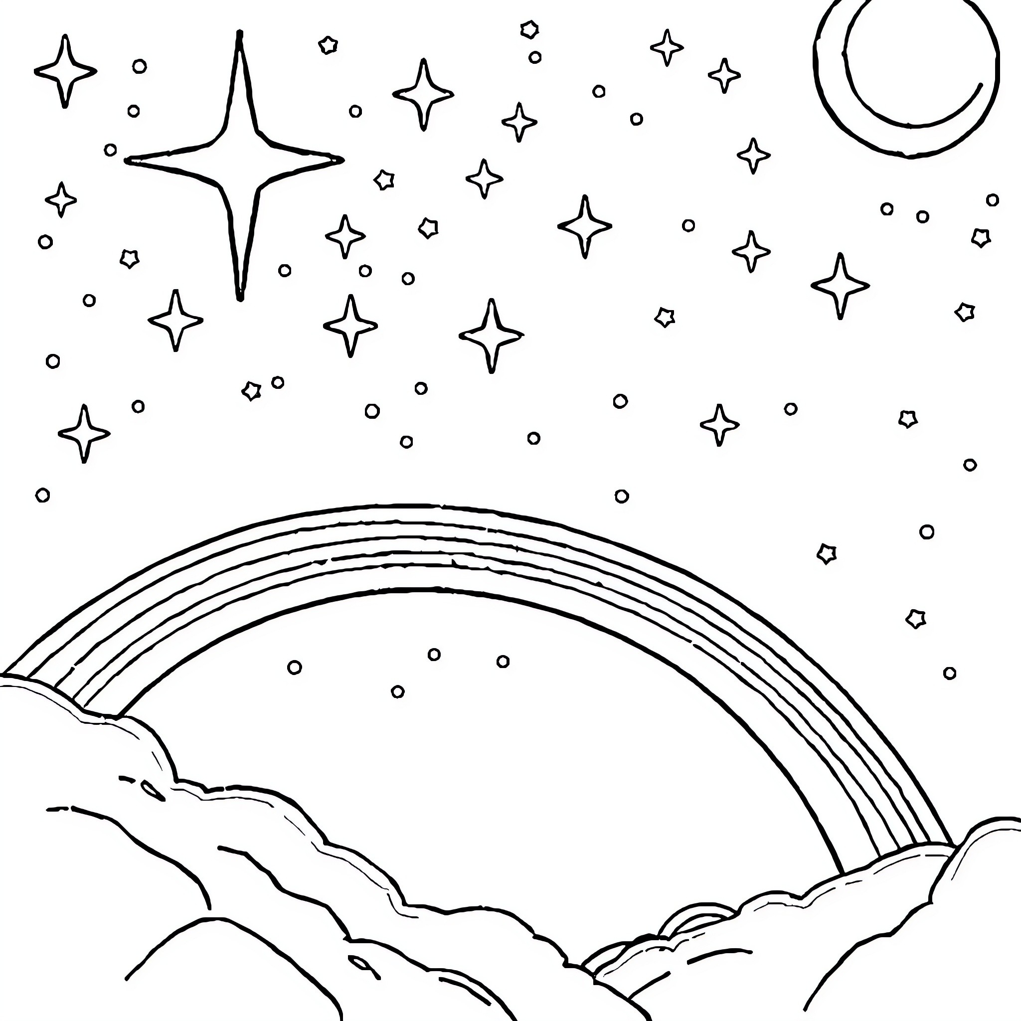 Star-filled night sky with crescent moon and rainbow Coloring Page (free black-and-white line drawing printable PDF for all, from beginners to advanced learners, including children, teens, adults, and seniors)