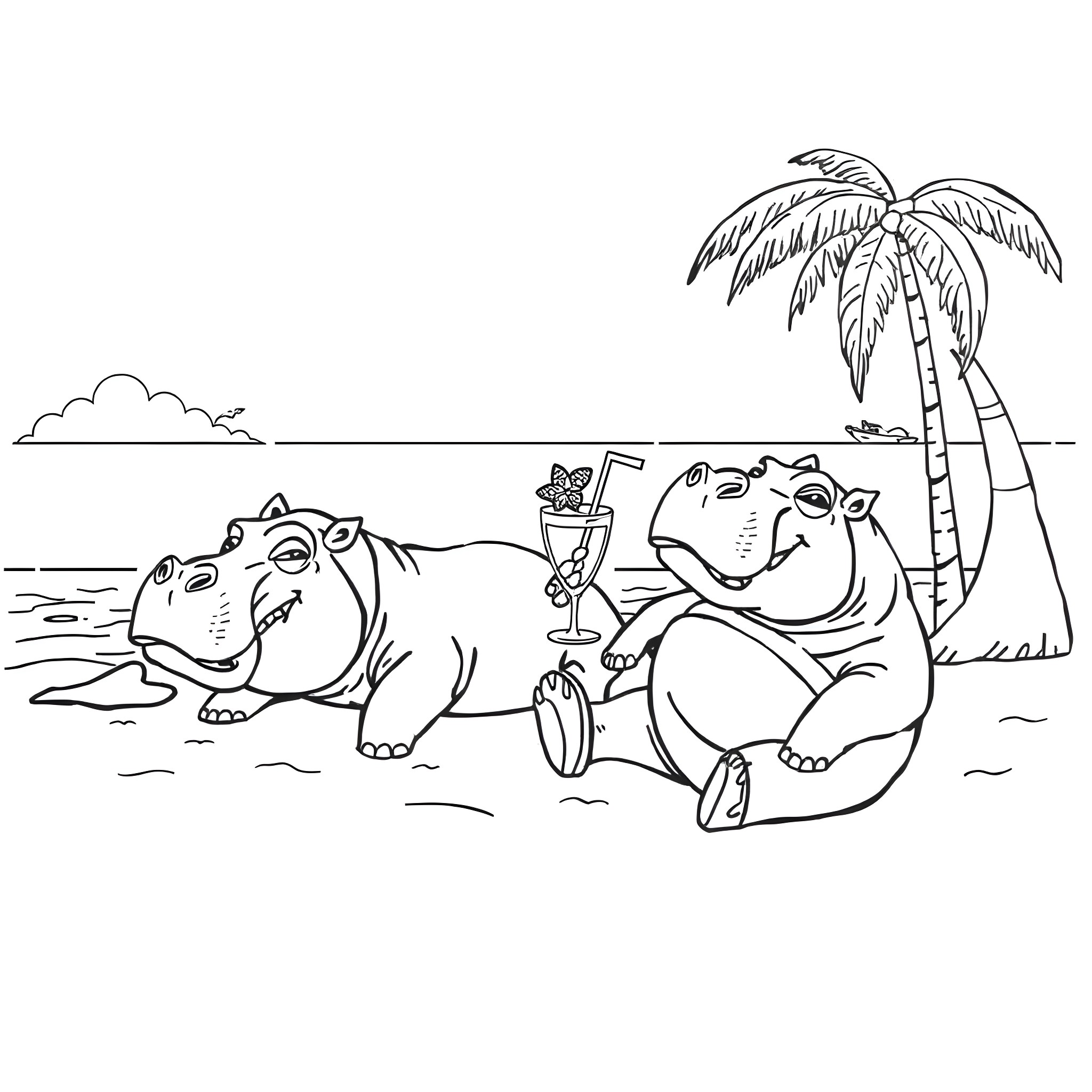 Hippo relaxing on the beach with tropical drink Coloring Page (free black-and-white line drawing printable PDF for all, from beginners to advanced learners, including children, teens, adults, and seniors)