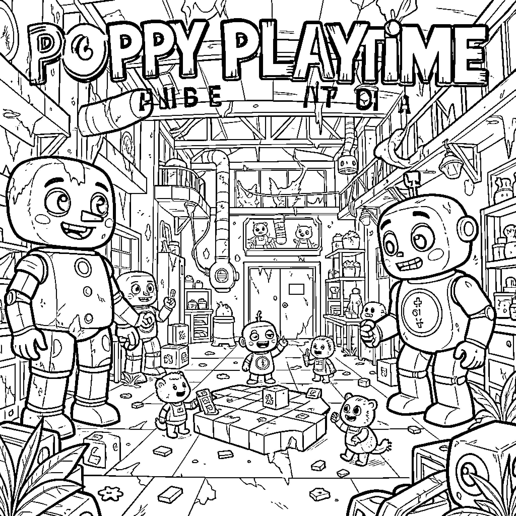 Popy characters playing together in a factory setting Coloring Page (free black-and-white line drawing printable PDF for all, from beginners to advanced learners, including children, teens, adults, and seniors)