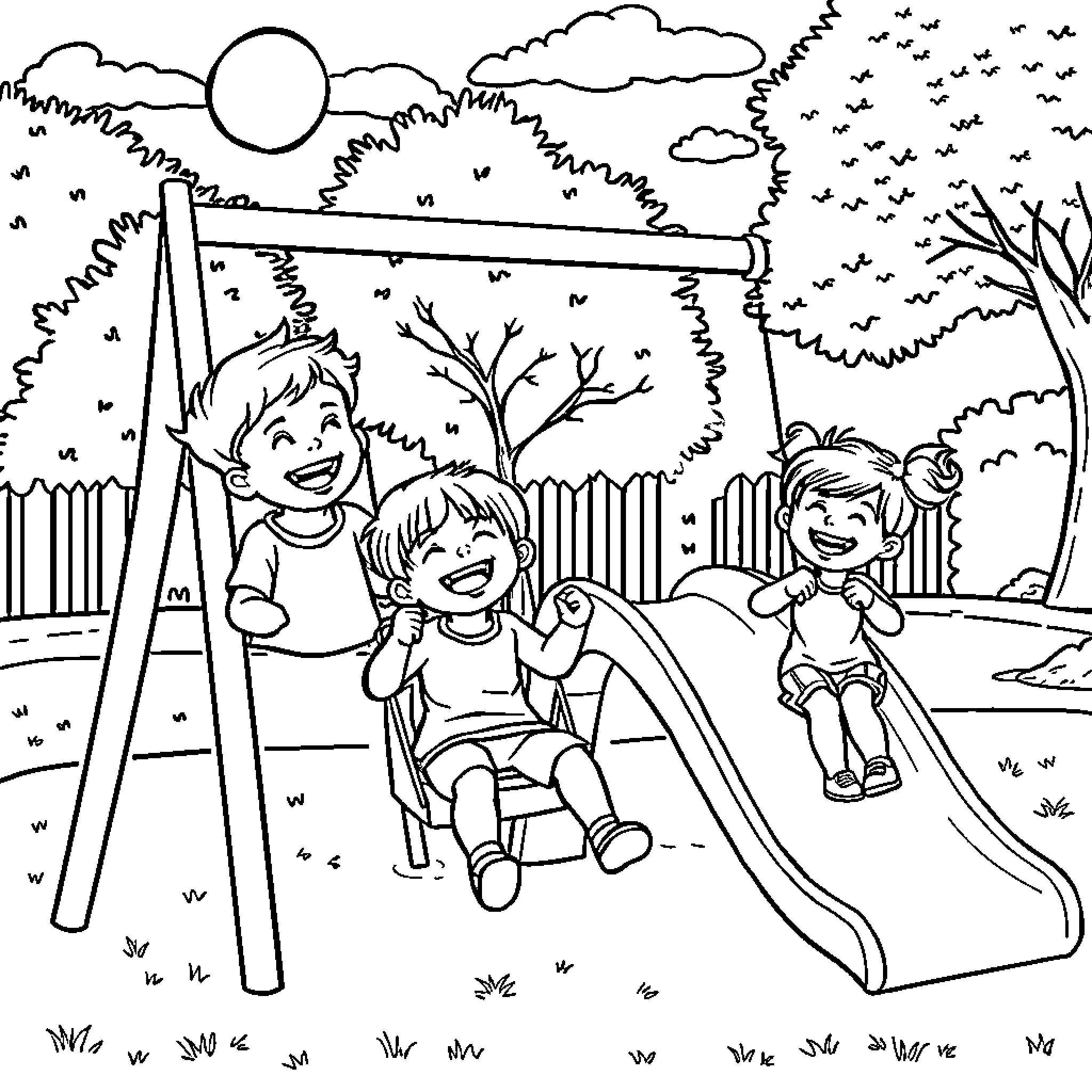 Children playing happily on the playground Coloring Page (free black-and-white line drawing printable PDF for all, from beginners to advanced learners, including children, teens, adults, and seniors)