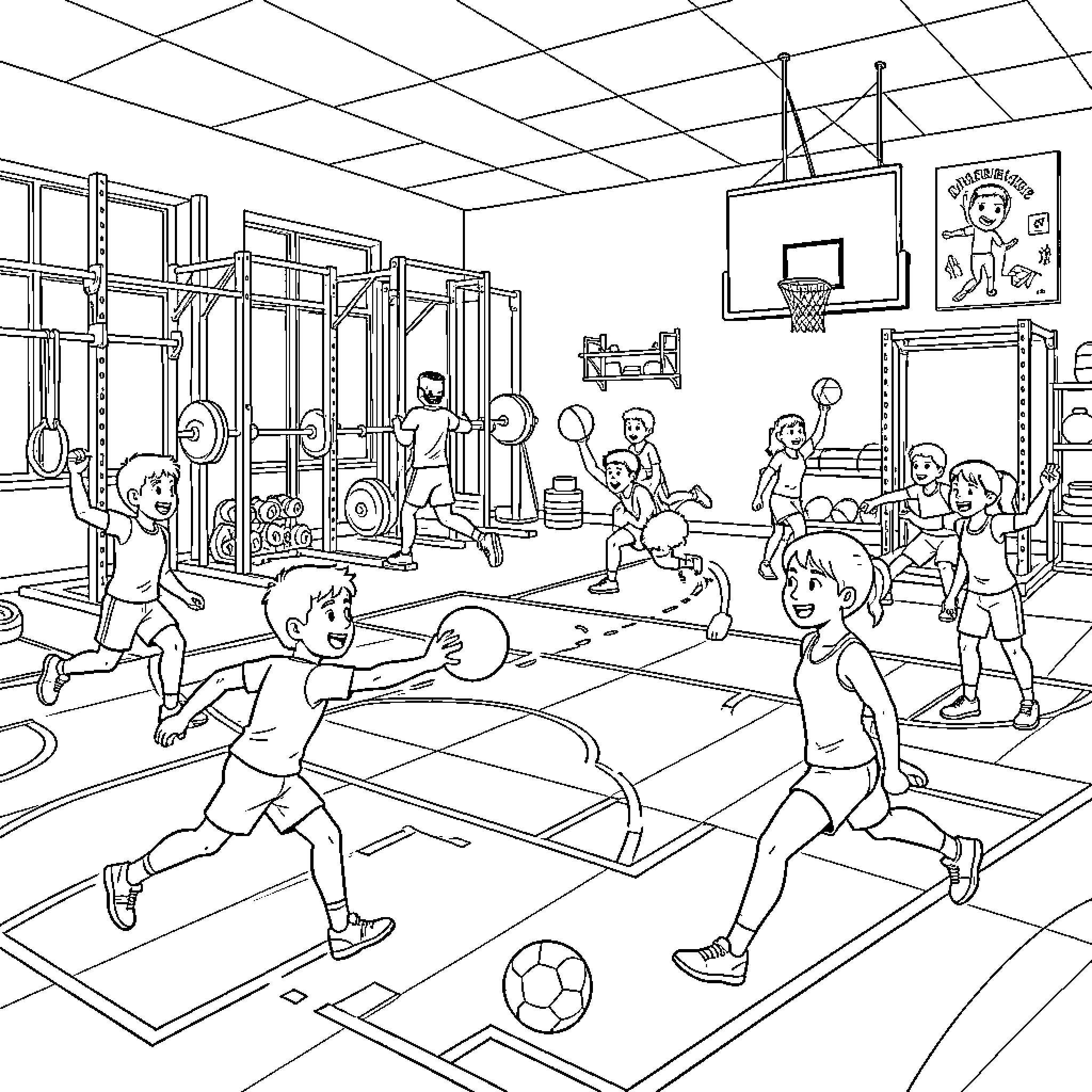 Education in a Vibrant Gymnasium Coloring Page (free black-and-white line drawing printable PDF for all, from beginners to advanced learners, including children, teens, adults, and seniors)