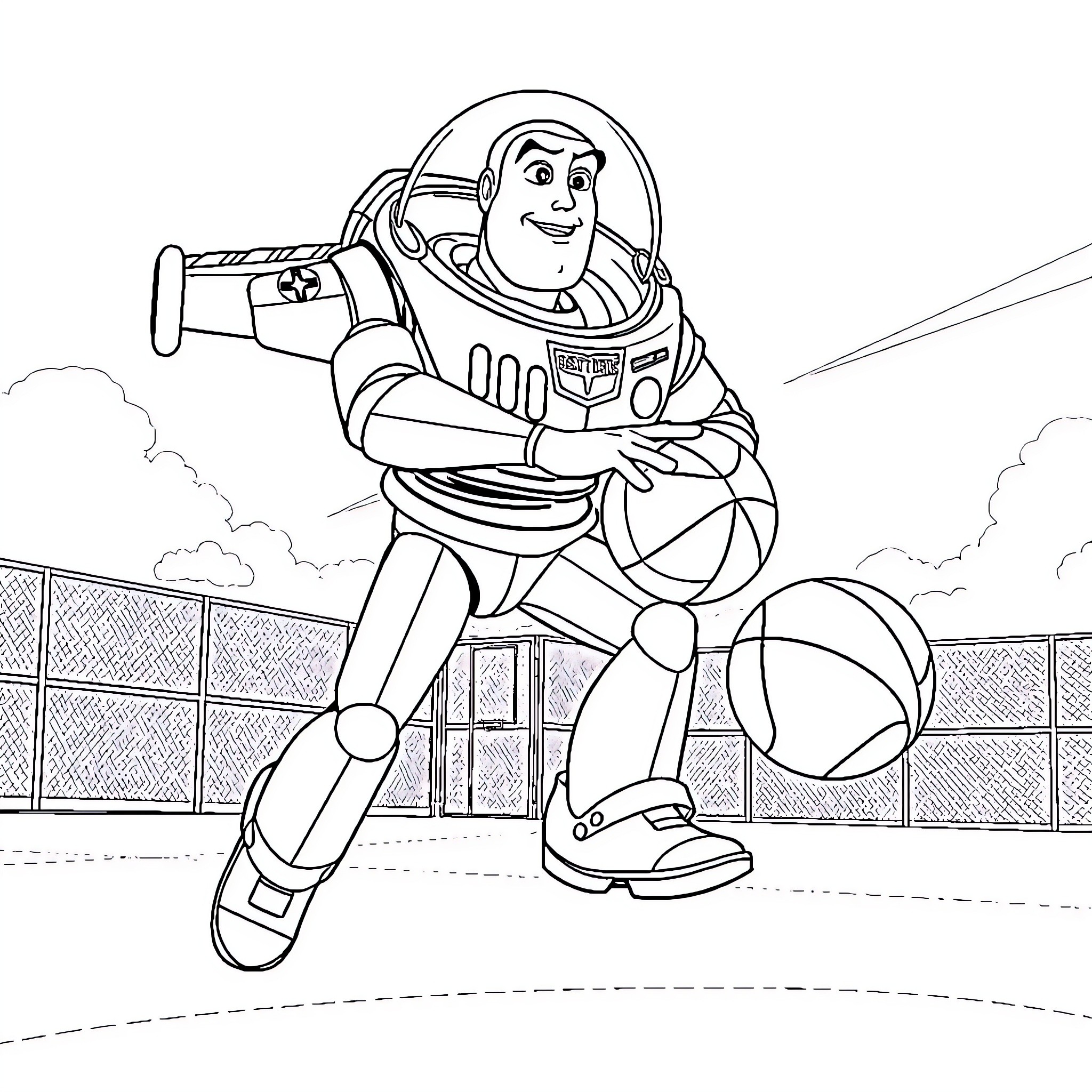 Buzz Lightyear Soaring into Action Coloring Page (free black-and-white line drawing printable PDF for all, from beginners to advanced learners, including children, teens, adults, and seniors)