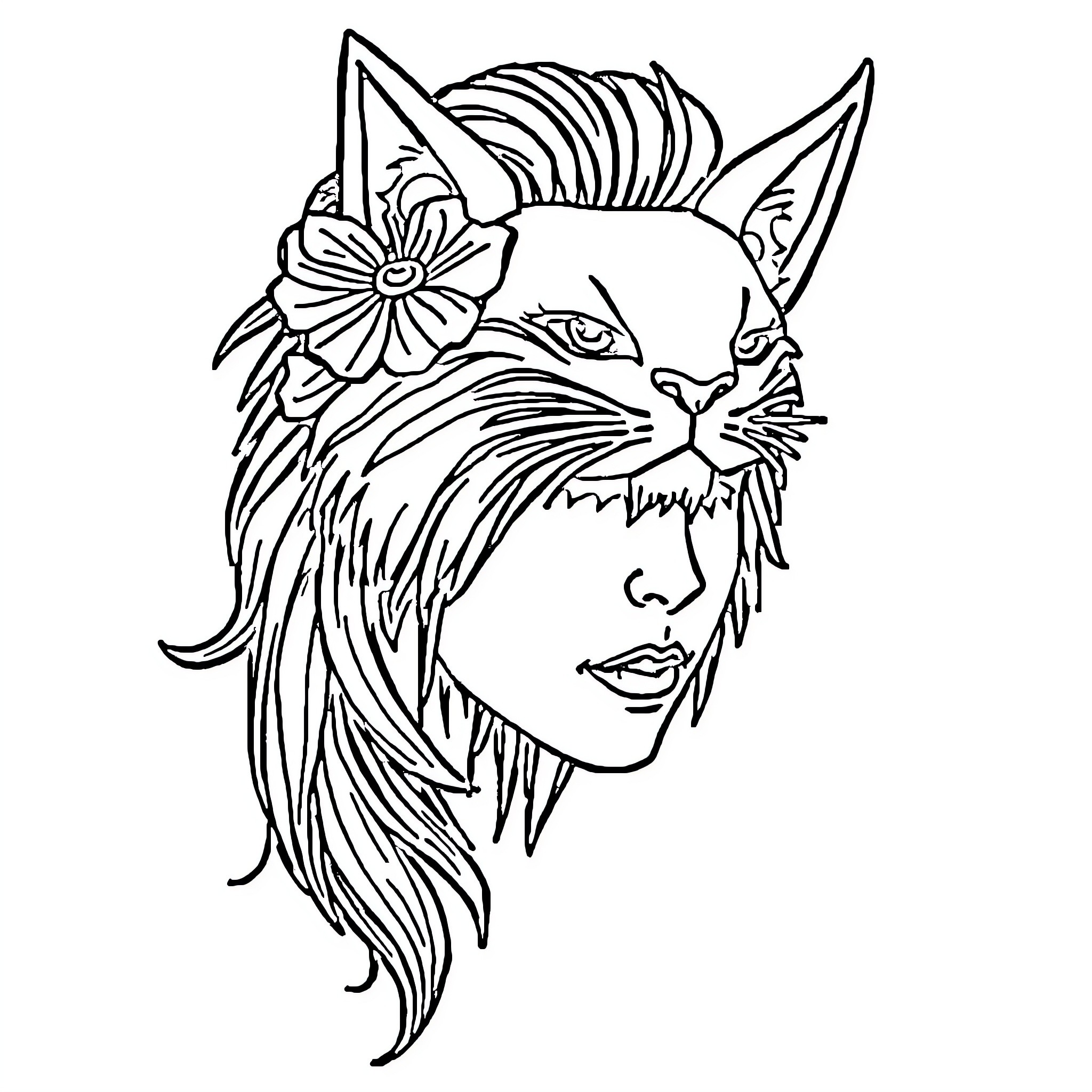 Image of a woman with cat-like features Coloring Page (free black-and-white line drawing printable PDF for all, from beginners to advanced learners, including children, teens, adults, and seniors)