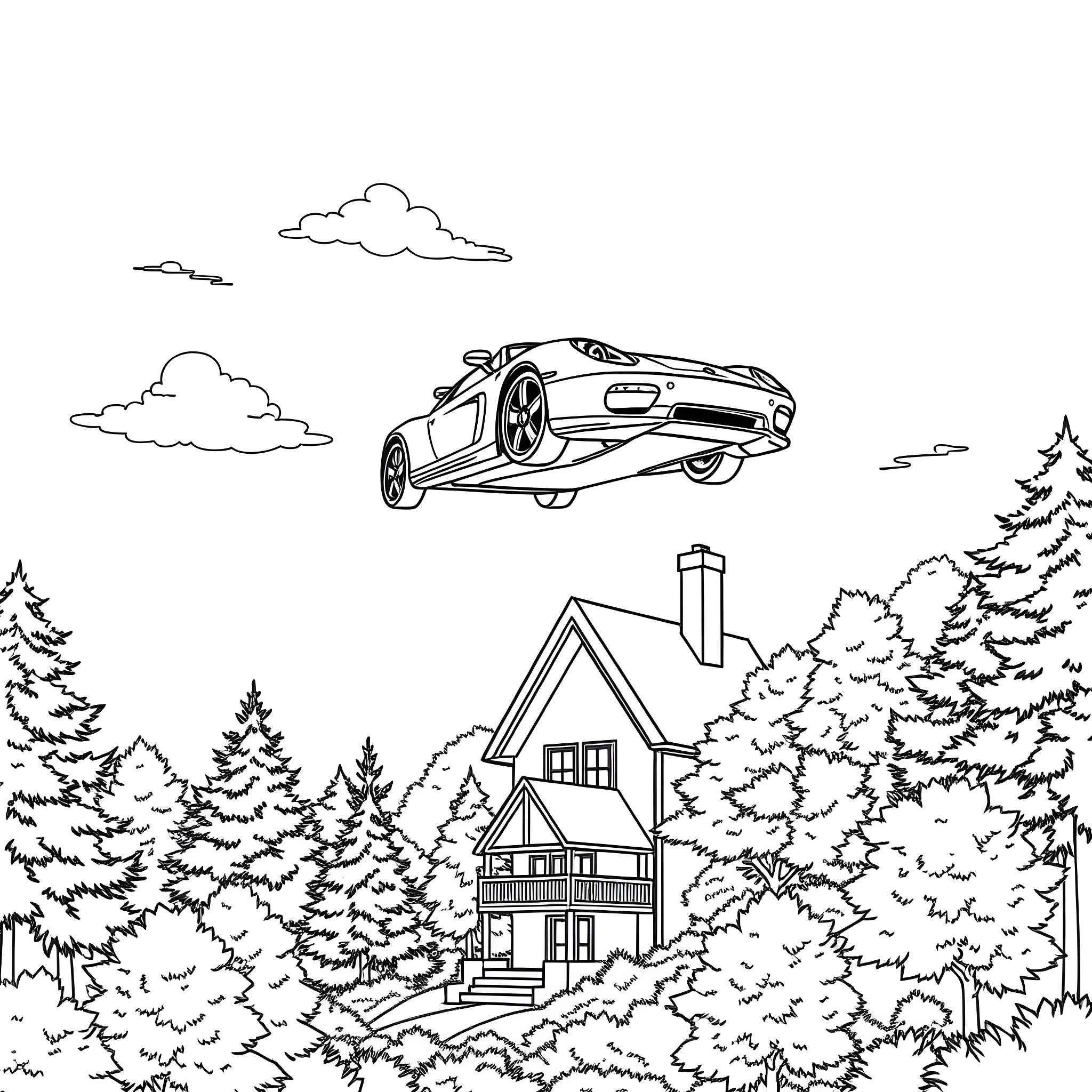 Flying Car Soaring Above the Scenic Woodland Cabin Coloring Page (free black-and-white line drawing printable PDF for all, from beginners to advanced learners, including children, teens, adults, and seniors)