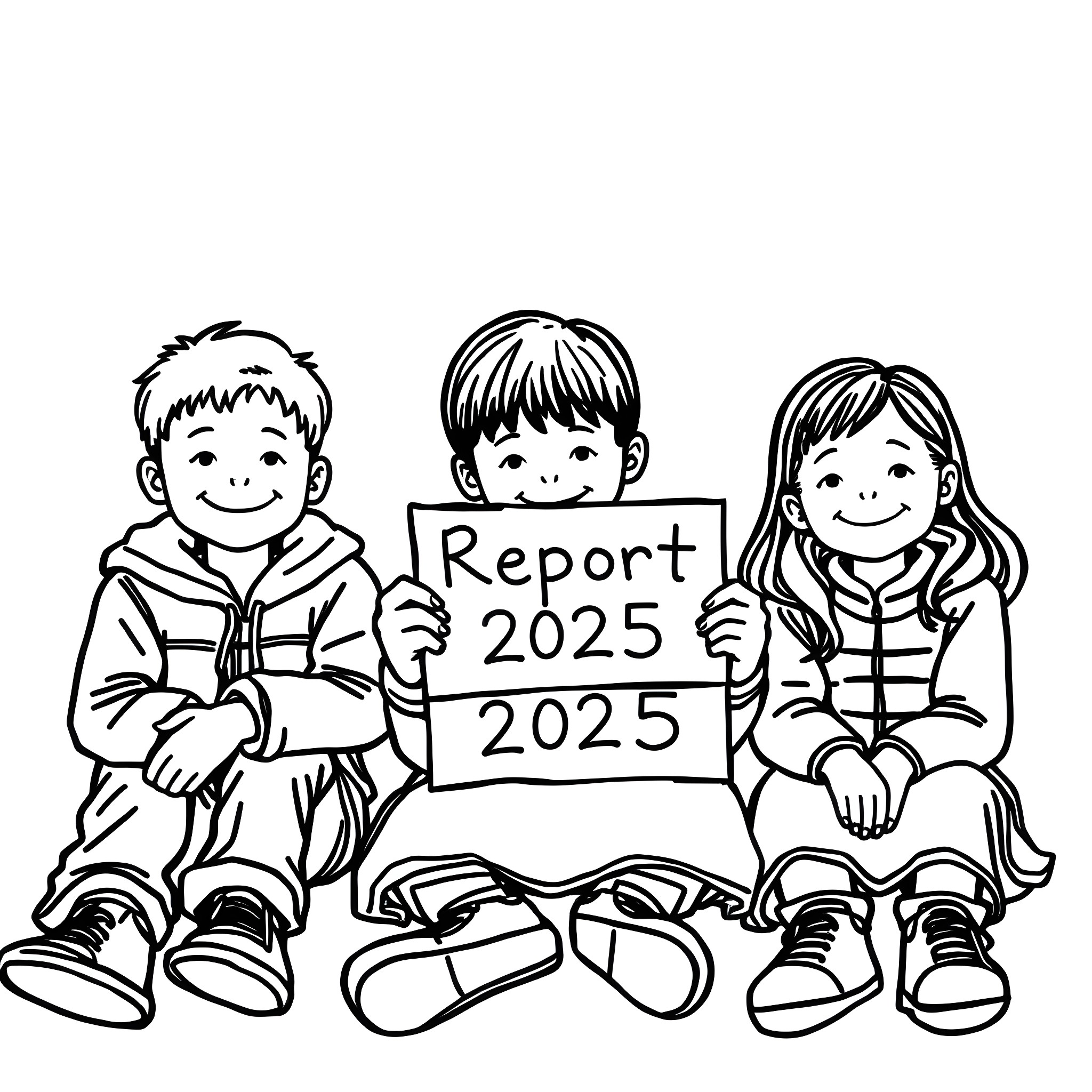 Children holding 'Report 2025' sign Coloring Page (free black-and-white line drawing printable PDF for all, from beginners to advanced learners, including children, teens, adults, and seniors)